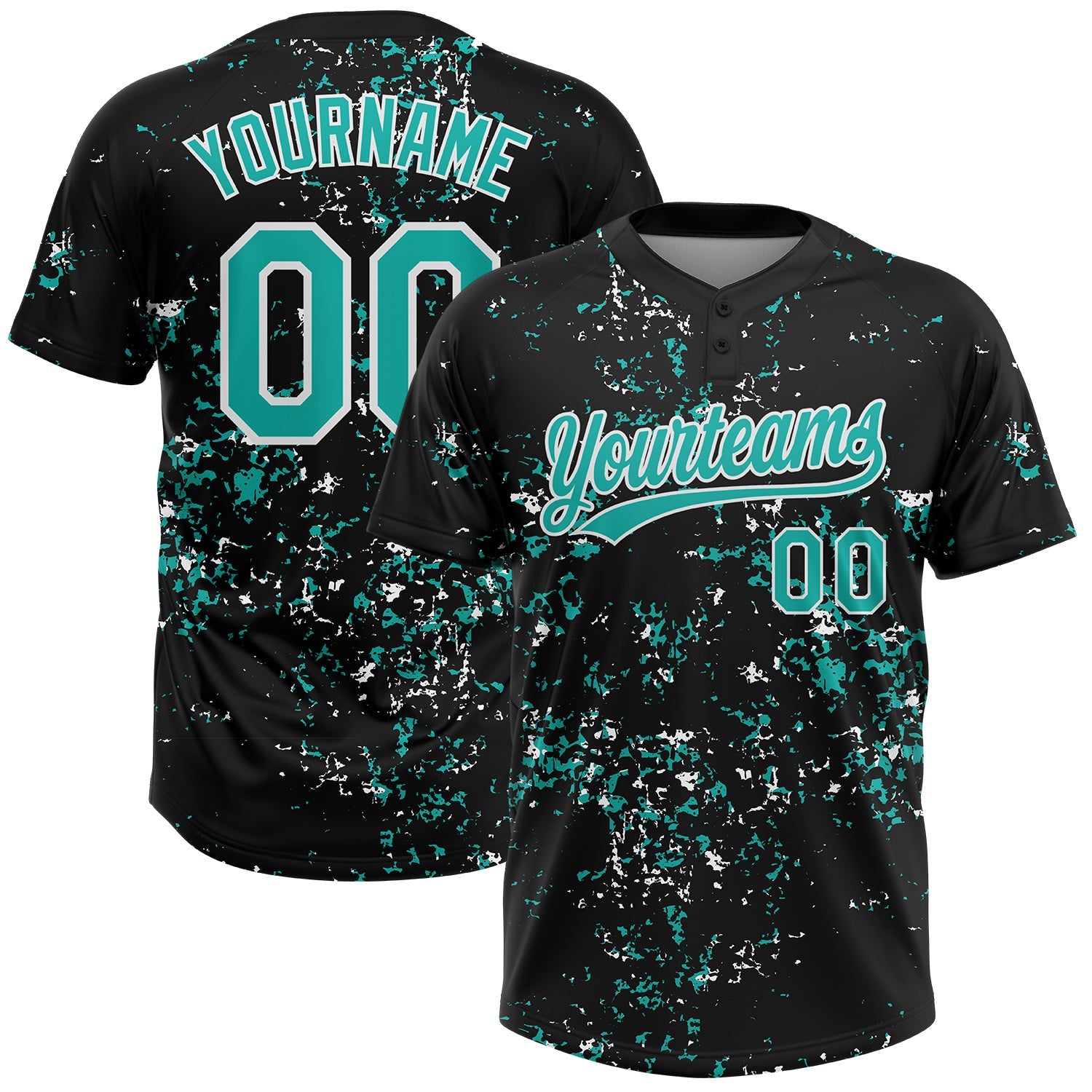 Custom Black Aqua-White Abstract Shattered Paint Splatter Two-Button Unisex Softball Jersey - Main View