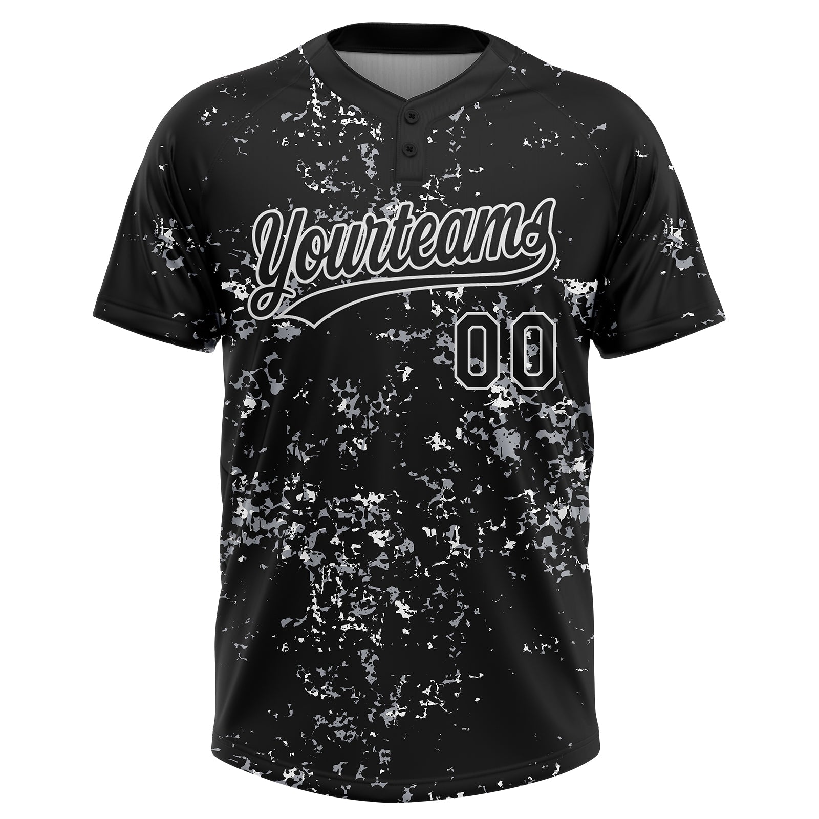 Custom Black White-Light Gray Abstract Shattered Paint Splatter Two-Button Unisex Softball Jersey view 2