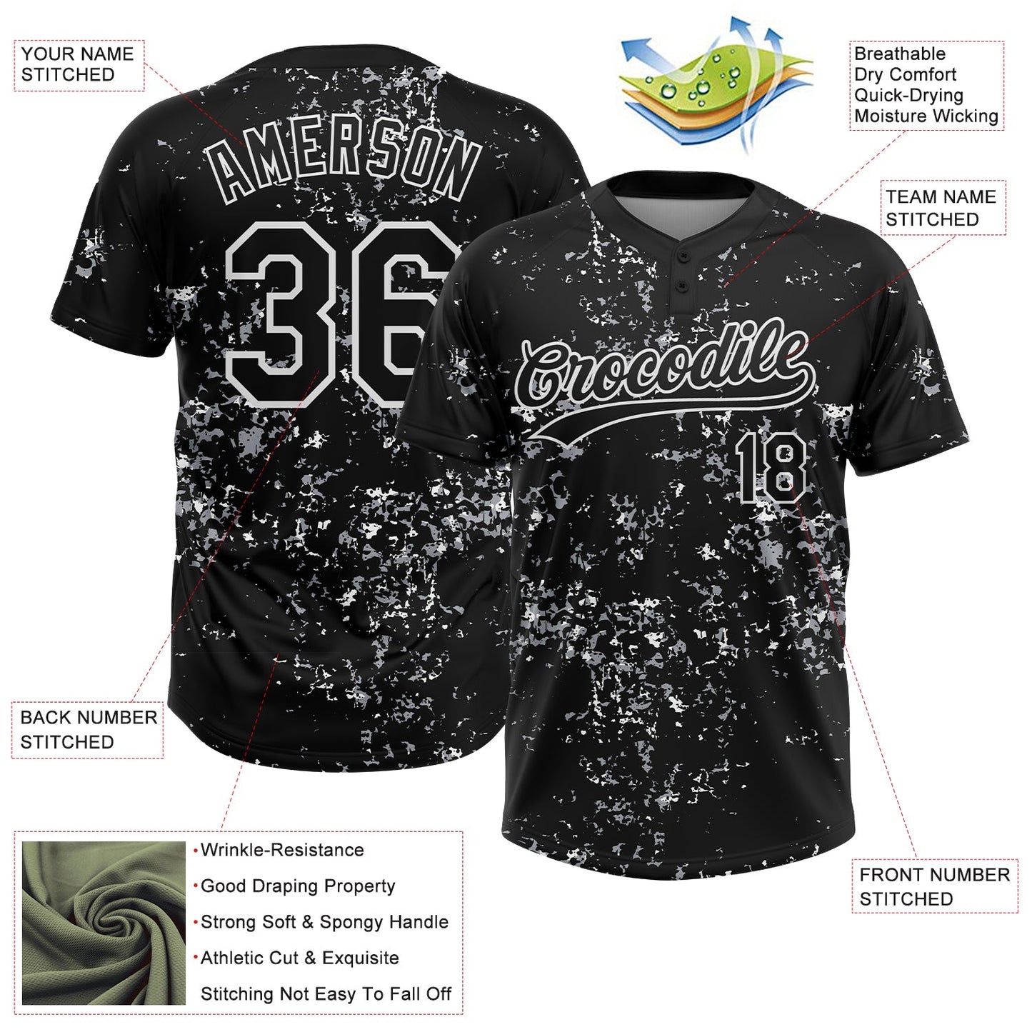 Custom Black White-Light Gray Abstract Shattered Paint Splatter Two-Button Unisex Softball Jersey view 3