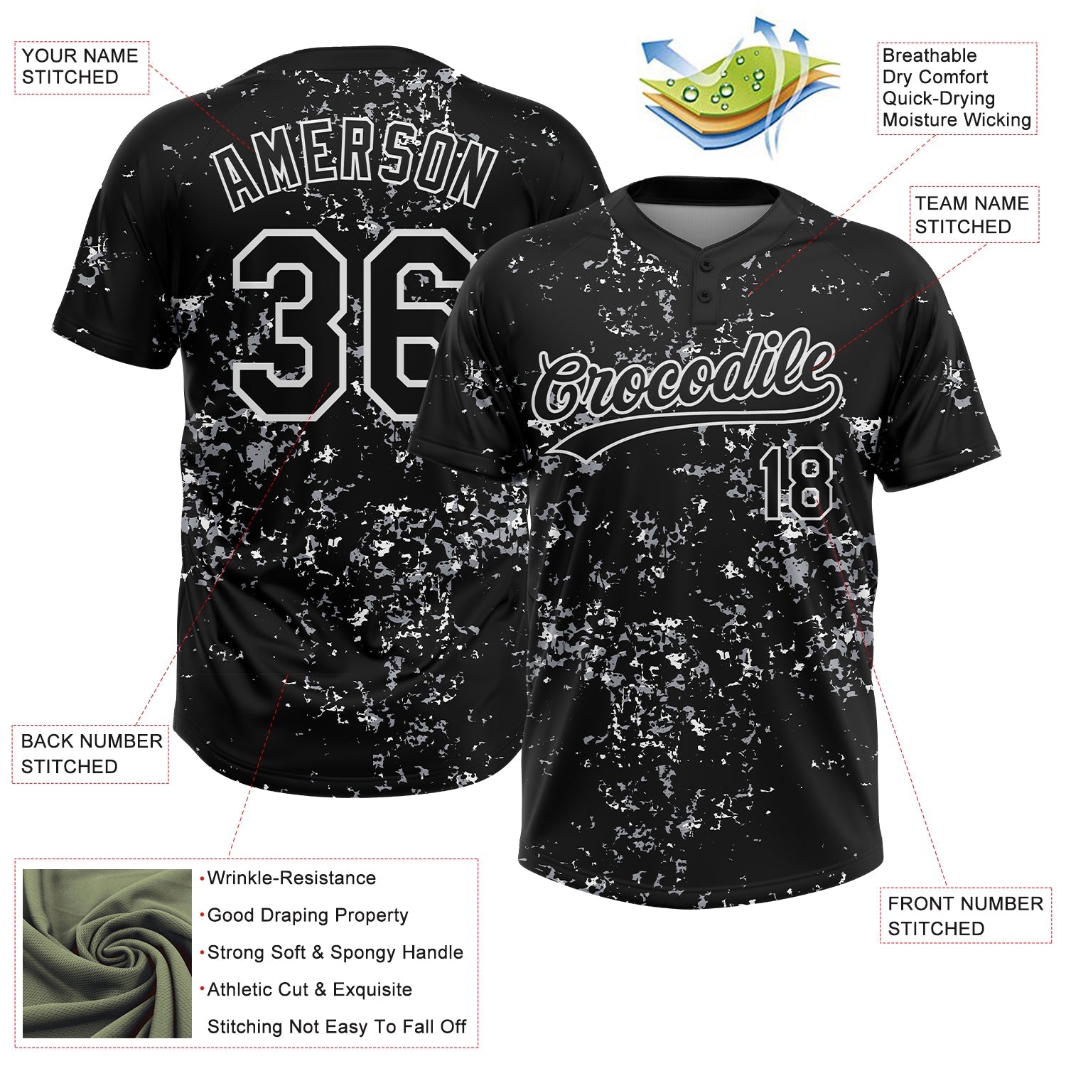Custom Black White-Light Gray Abstract Shattered Paint Splatter Two-Button Unisex Softball Jersey view 3