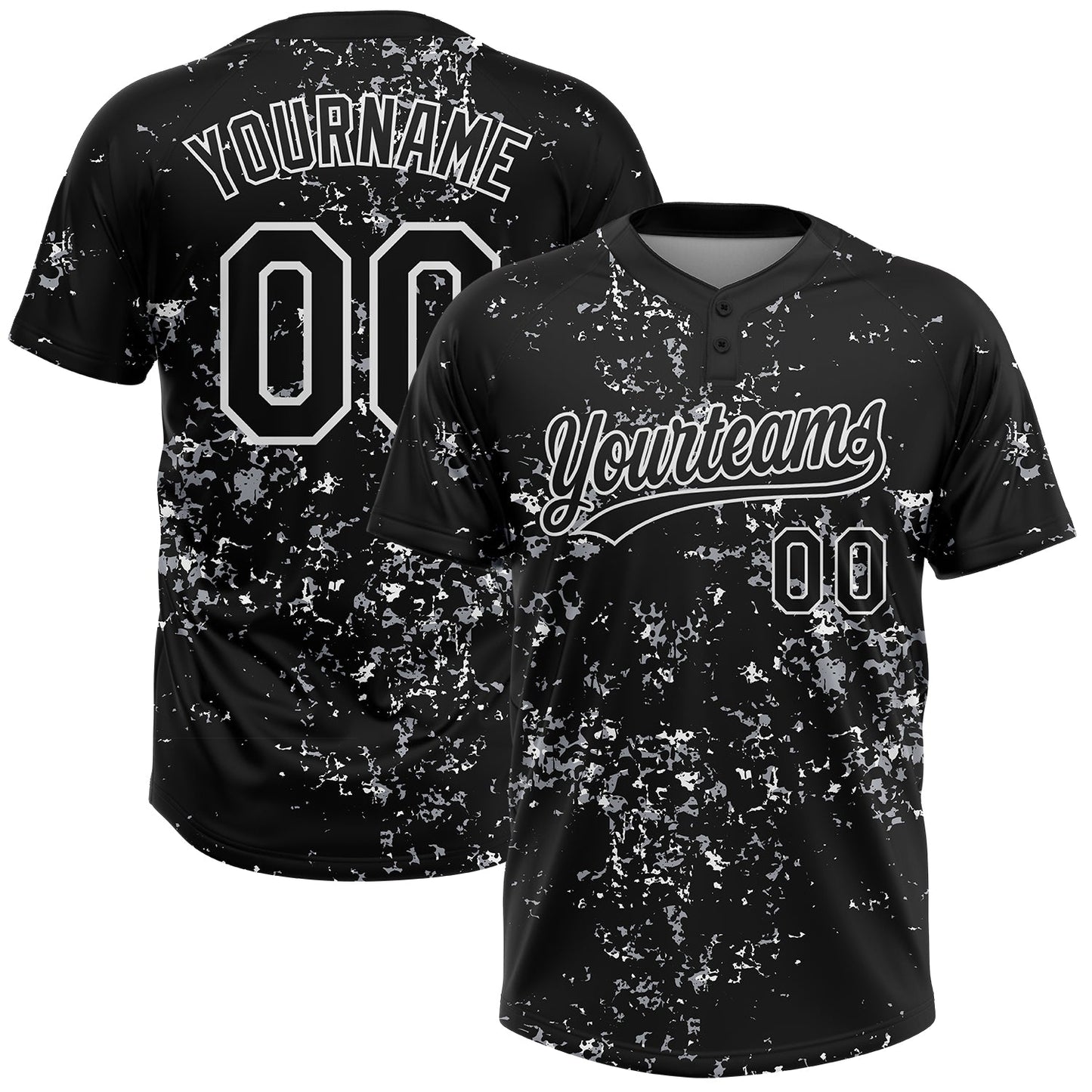 Custom Black White-Light Gray Abstract Shattered Paint Splatter Two-Button Unisex Softball Jersey - Main View