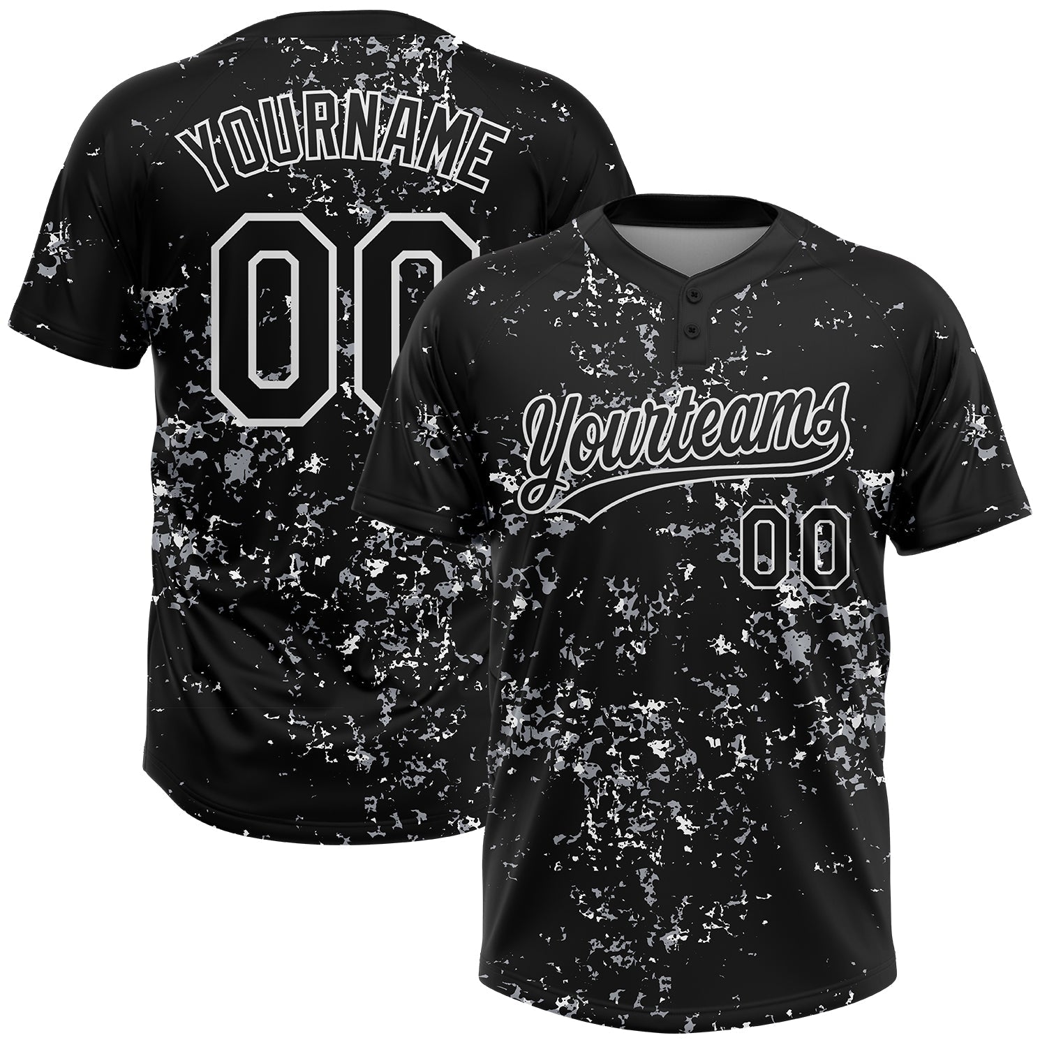Custom Black White-Light Gray Abstract Shattered Paint Splatter Two-Button Unisex Softball Jersey - Main View