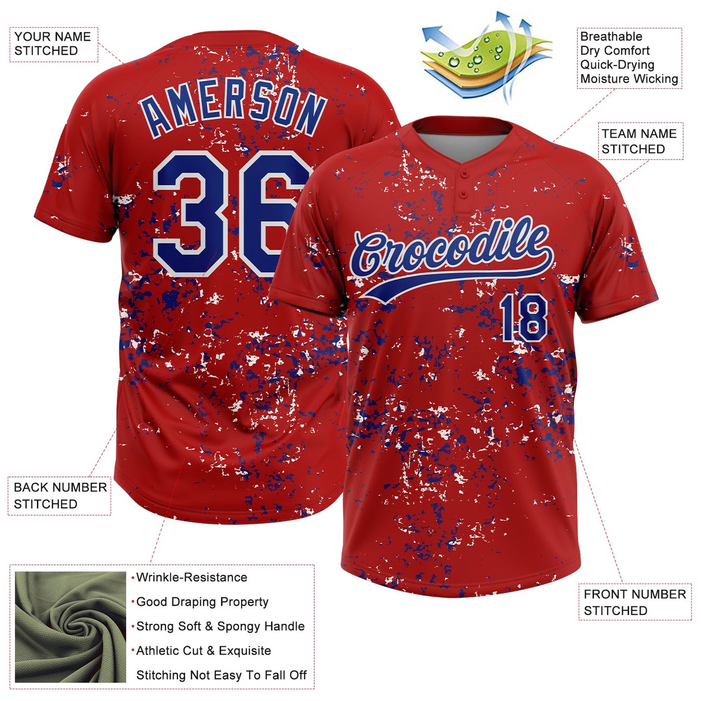 Custom Red Royal-White Abstract Shattered Paint Splatter Two-Button Unisex Softball Jersey view 3