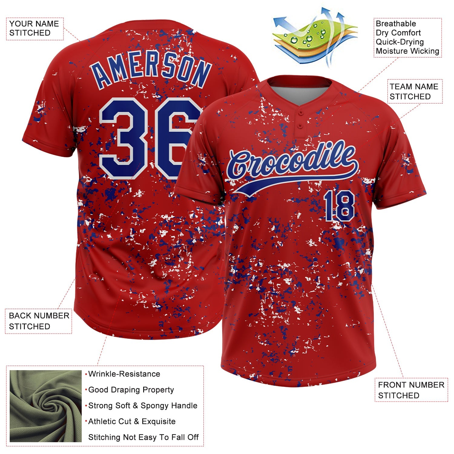 Custom Red Royal-White Abstract Shattered Paint Splatter Two-Button Unisex Softball Jersey view 3