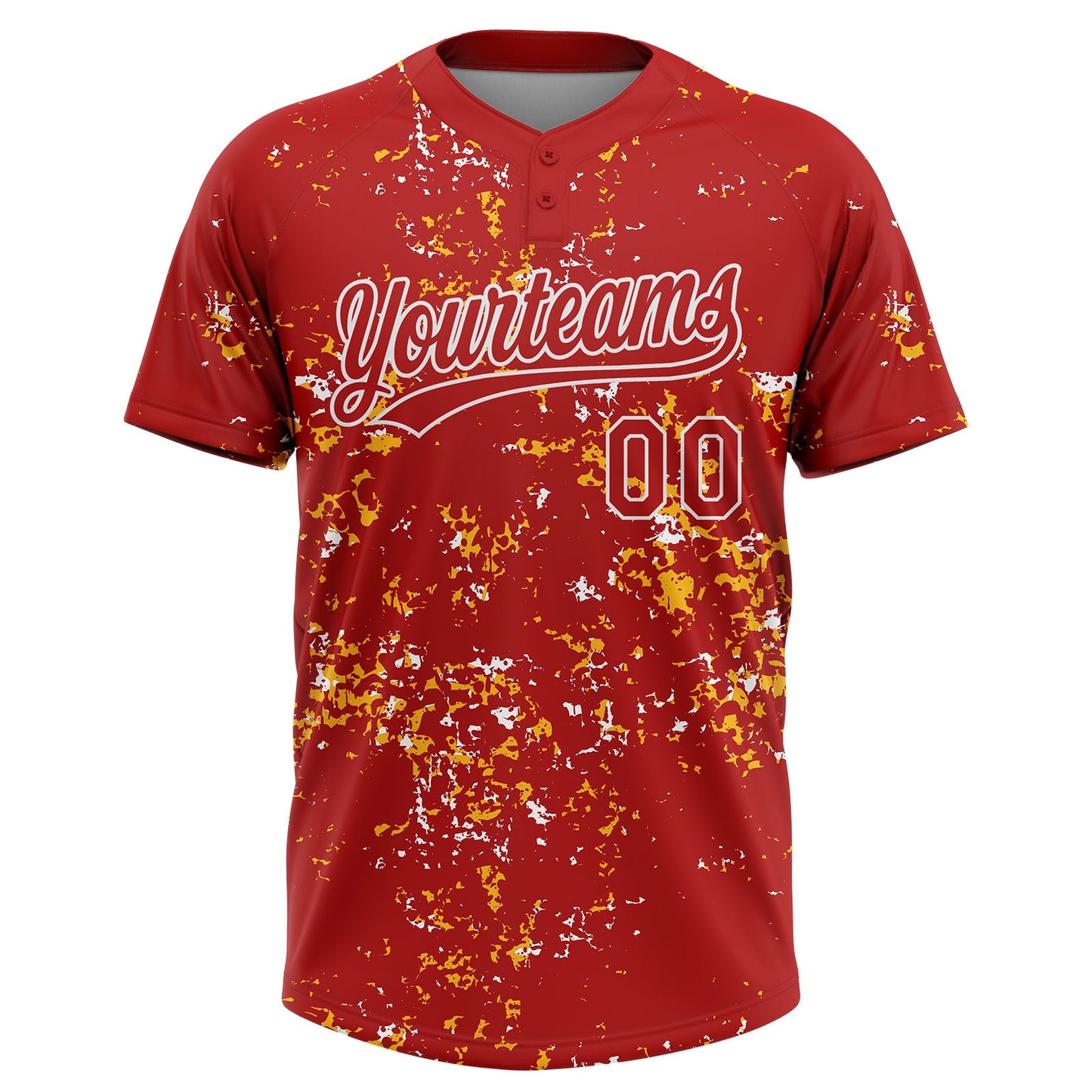 Custom Red Gold-White Abstract Shattered Paint Splatter Two-Button Unisex Softball Jersey view 2