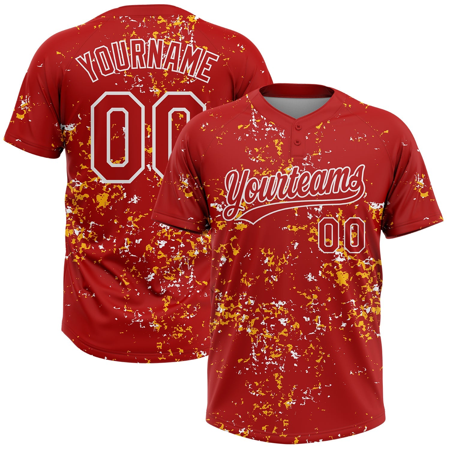 Custom Red Gold-White Abstract Shattered Paint Splatter Two-Button Unisex Softball Jersey - Main View