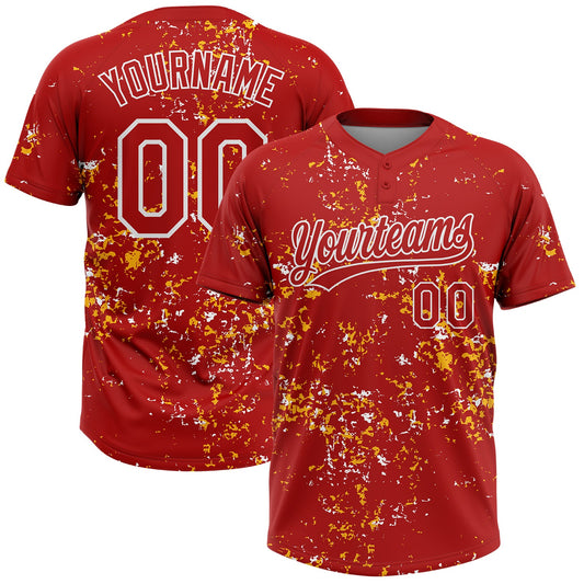 Custom Red Gold-White Abstract Shattered Paint Splatter Two-Button Unisex Softball Jersey - Main View