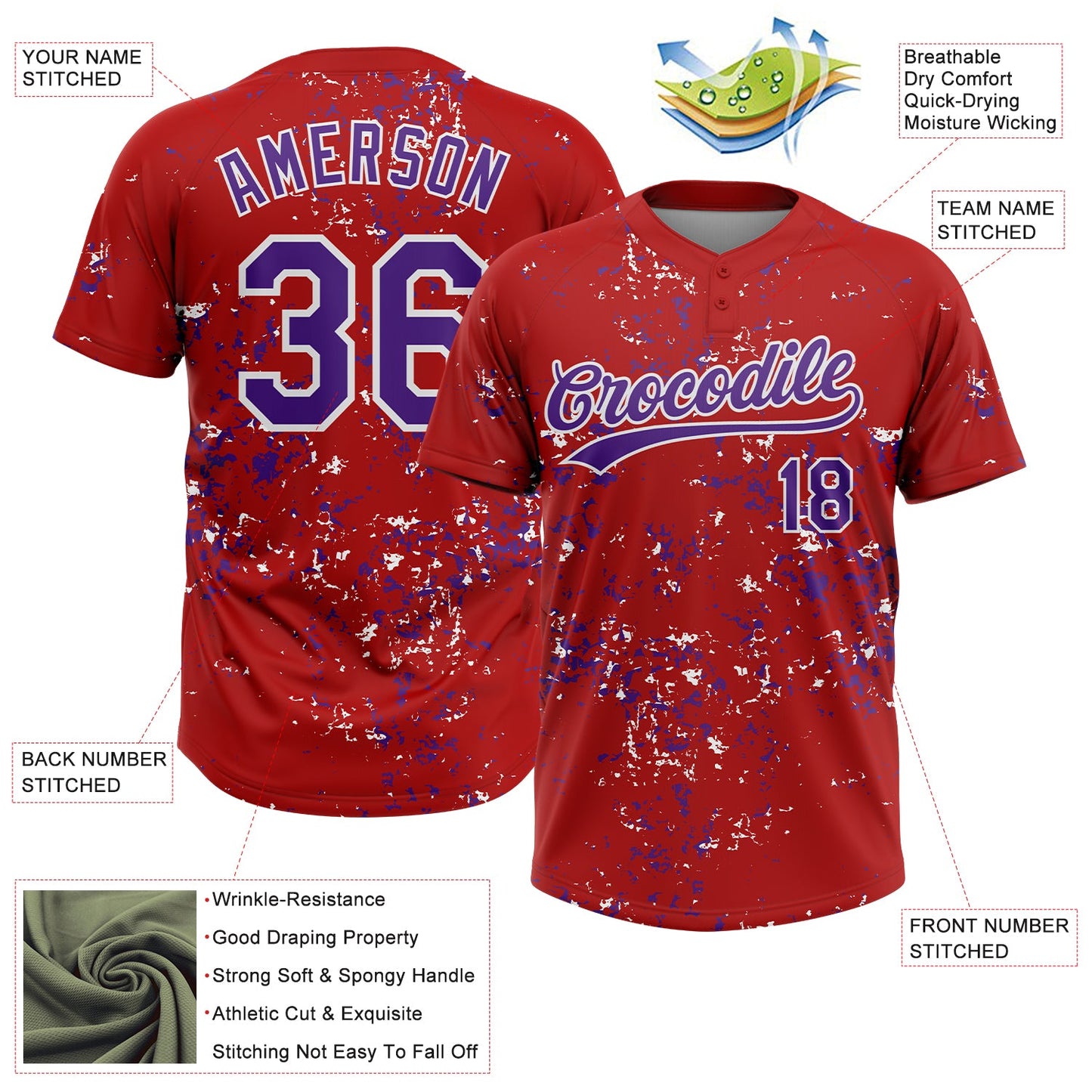 Custom Red Purple-White Abstract Shattered Paint Splatter Two-Button Unisex Softball Jersey view 3