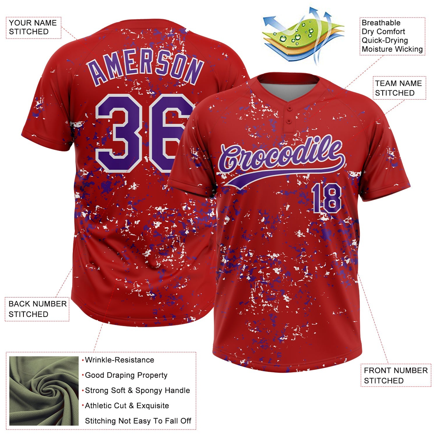 Custom Red Purple-White Abstract Shattered Paint Splatter Two-Button Unisex Softball Jersey view 3