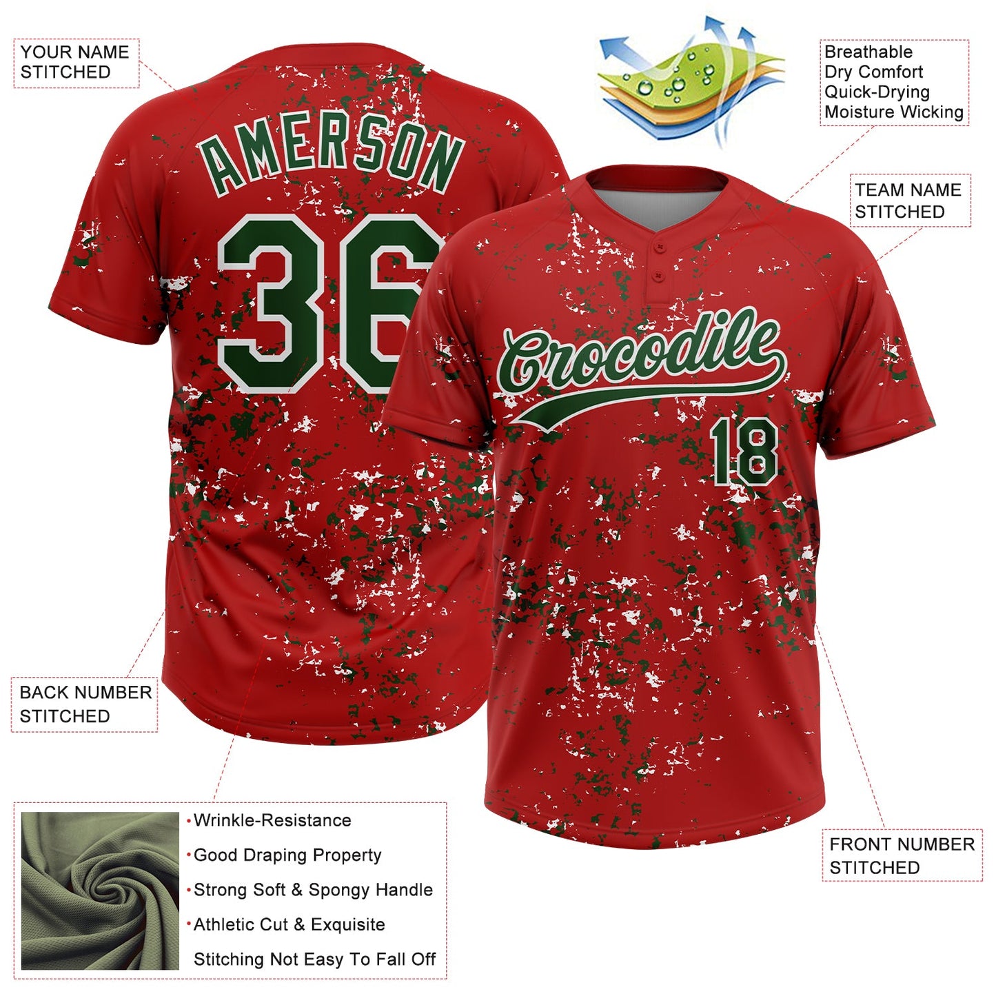 Custom Red Green-White Abstract Shattered Paint Splatter Two-Button Unisex Softball Jersey view 3