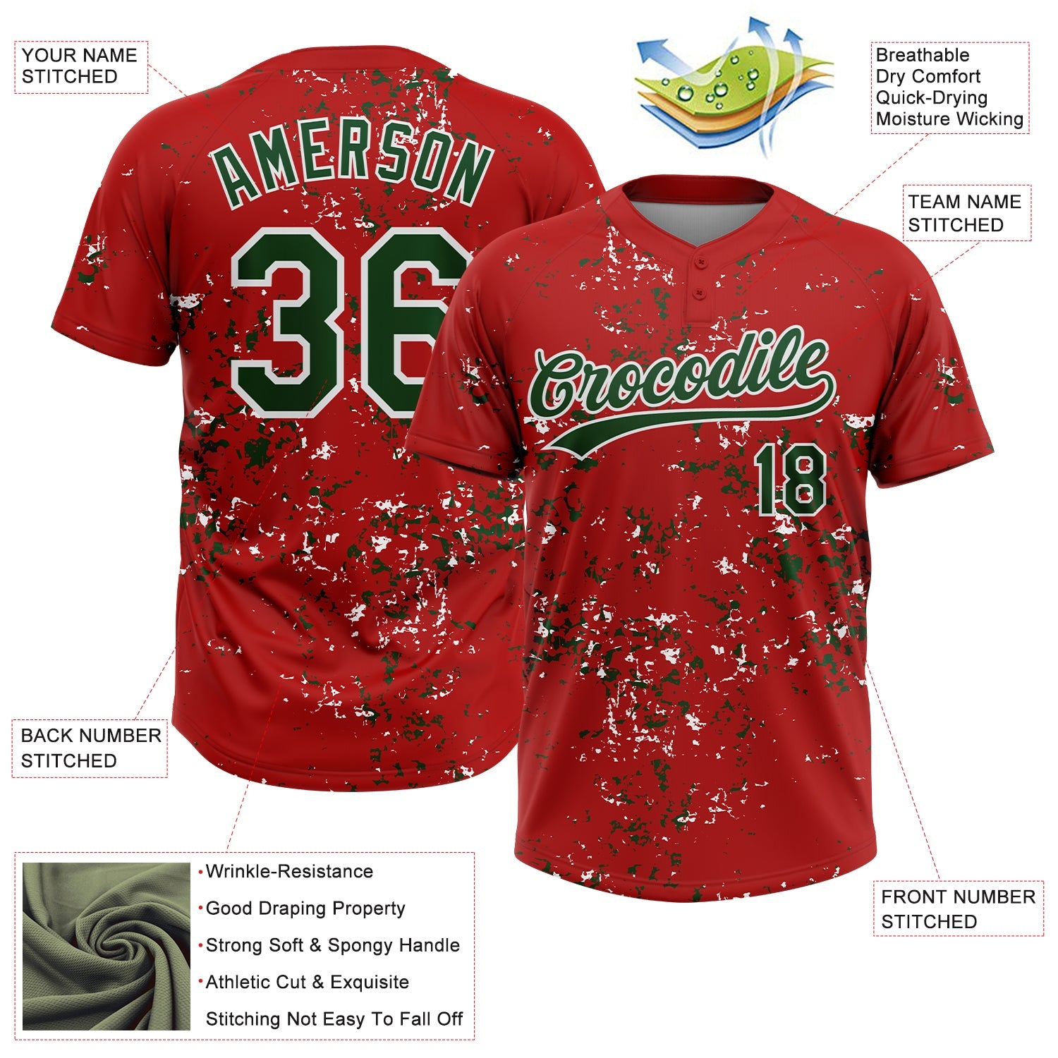 Custom Red Green-White Abstract Shattered Paint Splatter Two-Button Unisex Softball Jersey view 3