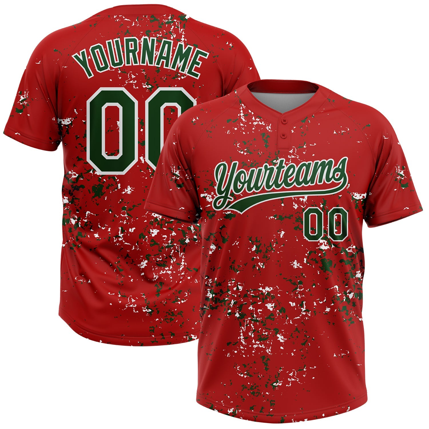 Custom Red Green-White Abstract Shattered Paint Splatter Two-Button Unisex Softball Jersey - Main View