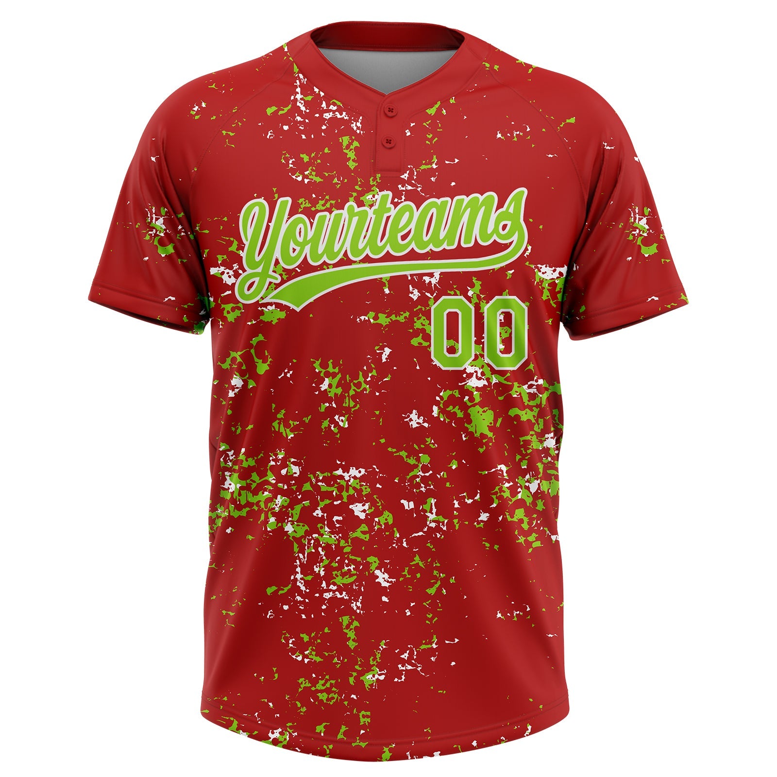 Custom Red Neon Green-White Abstract Shattered Paint Splatter Two-Button Unisex Softball Jersey view 2