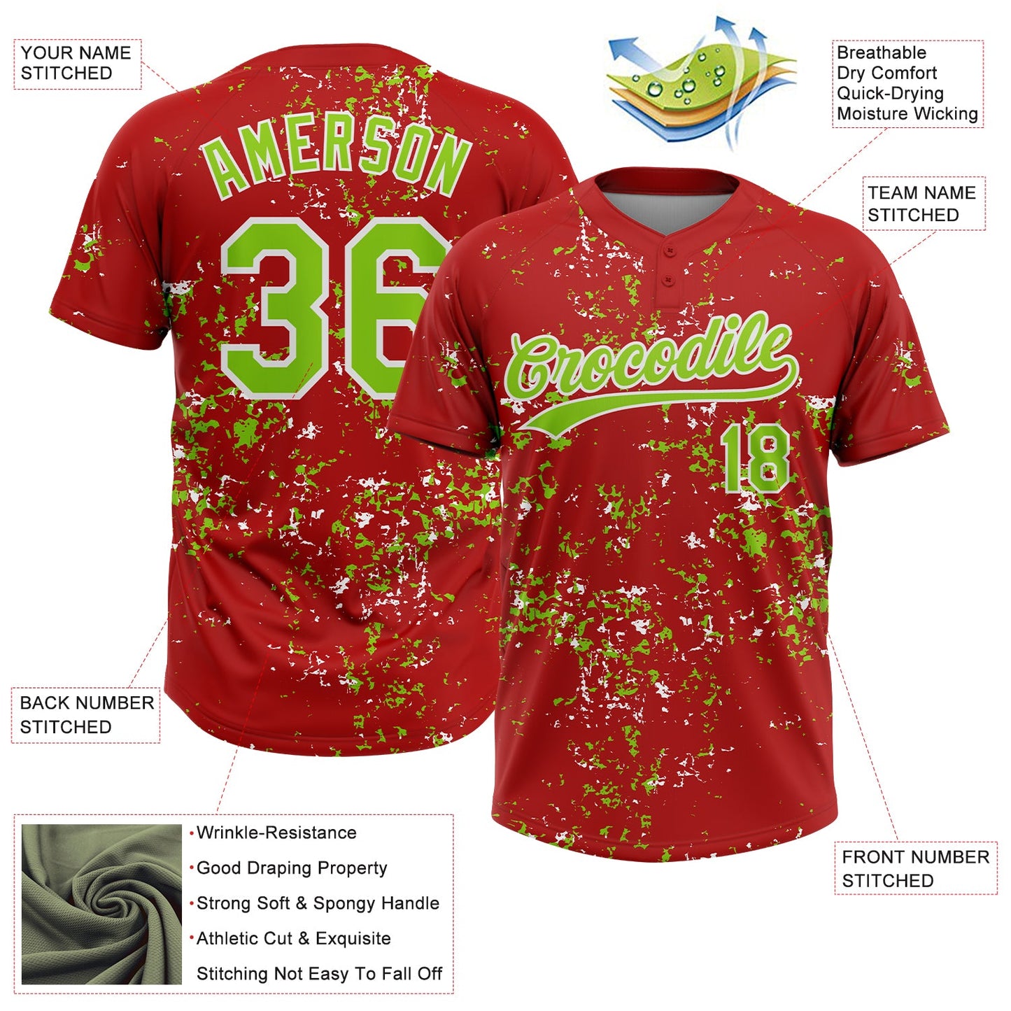 Custom Red Neon Green-White Abstract Shattered Paint Splatter Two-Button Unisex Softball Jersey view 3