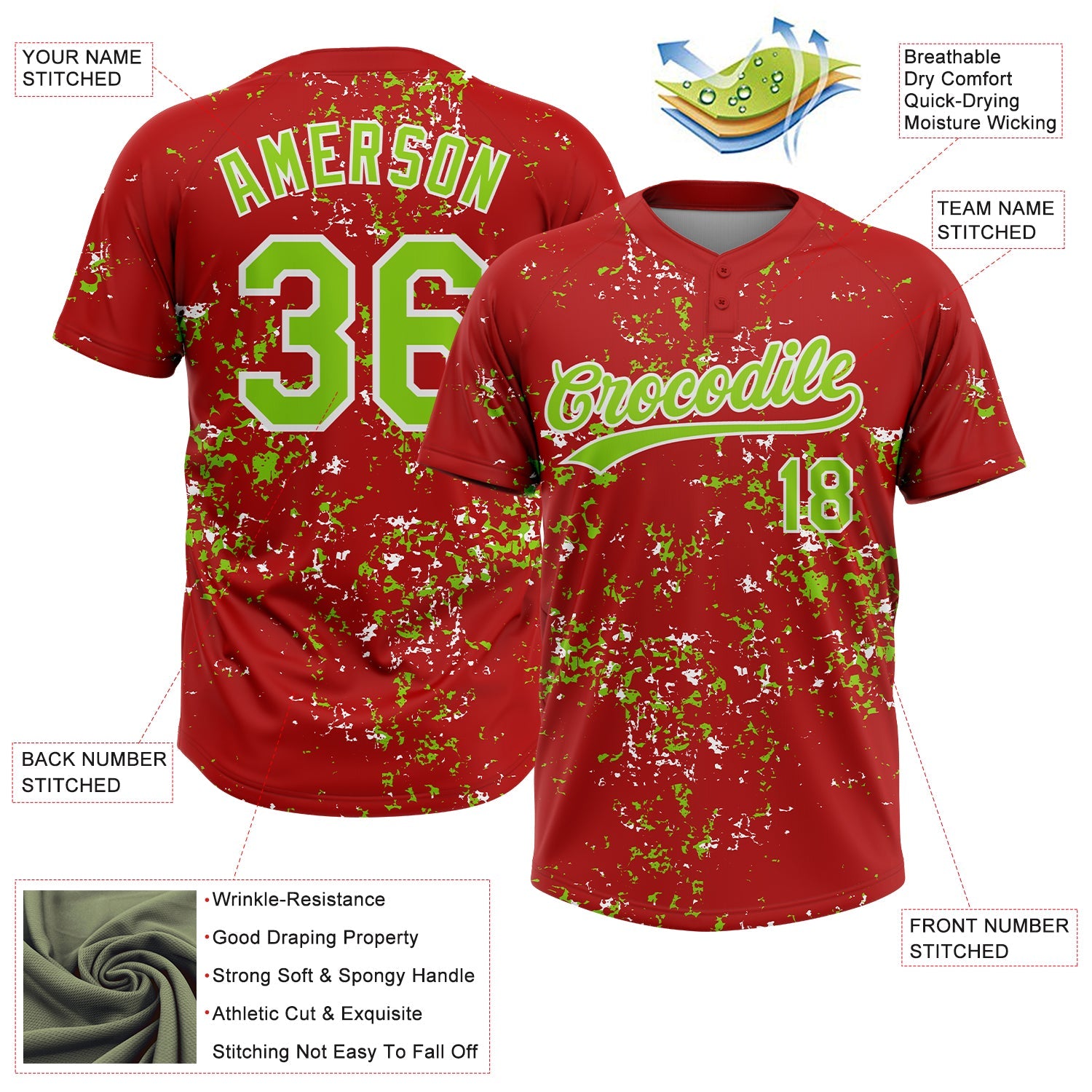 Custom Red Neon Green-White Abstract Shattered Paint Splatter Two-Button Unisex Softball Jersey view 3