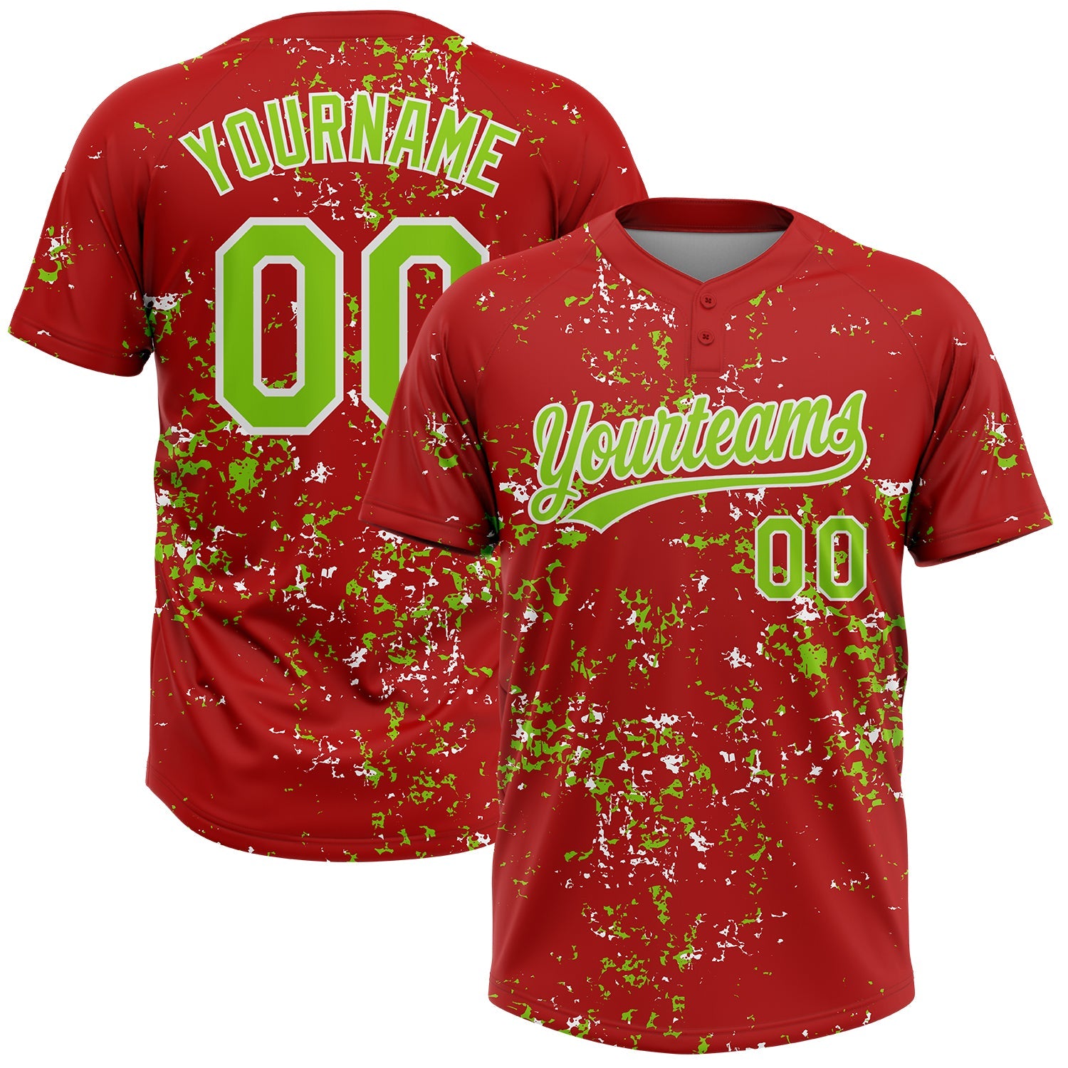 Custom Red Neon Green-White Abstract Shattered Paint Splatter Two-Button Unisex Softball Jersey - Main View