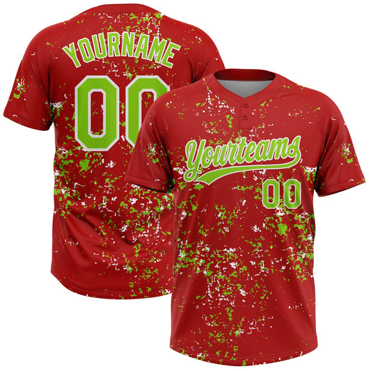 Custom Red Neon Green-White Abstract Shattered Paint Splatter Two-Button Unisex Softball Jersey - Main View