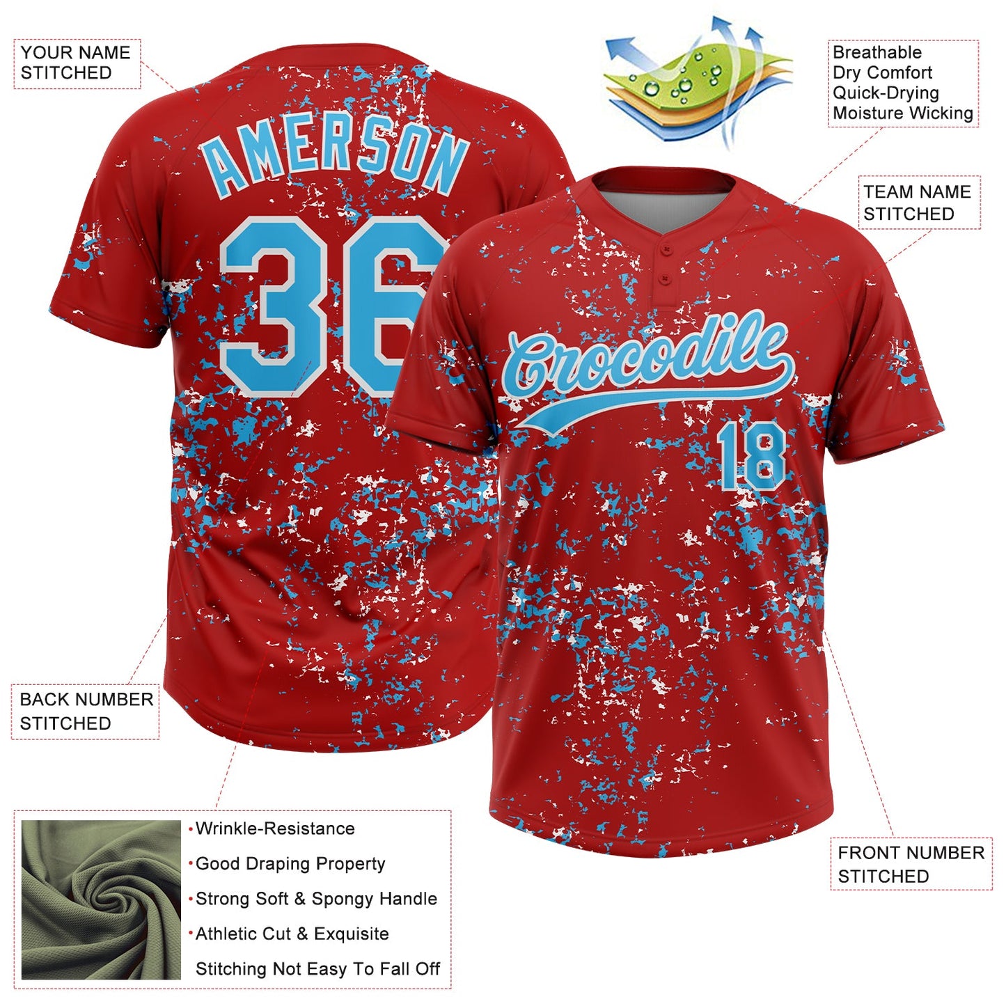 Custom Red Sky Blue-White Abstract Shattered Paint Splatter Two-Button Unisex Softball Jersey view 3