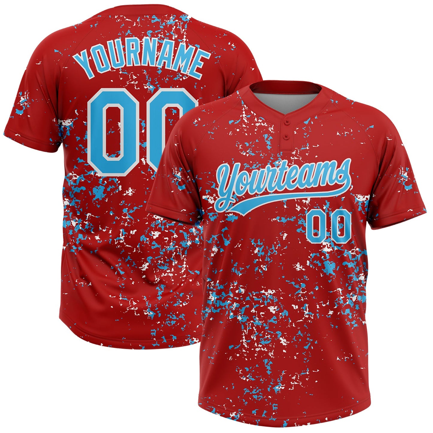 Custom Red Sky Blue-White Abstract Shattered Paint Splatter Two-Button Unisex Softball Jersey - Main View