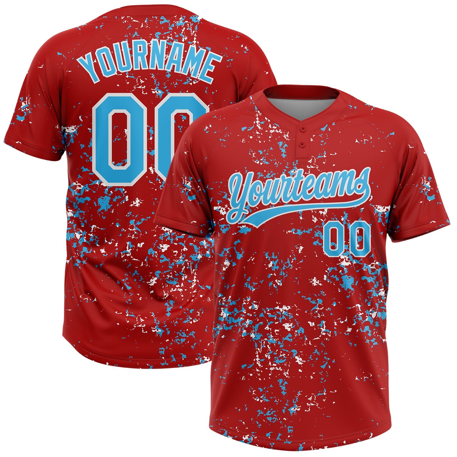 Custom Red Sky Blue-White Abstract Shattered Paint Splatter Two-Button Unisex Softball Jersey - Main View