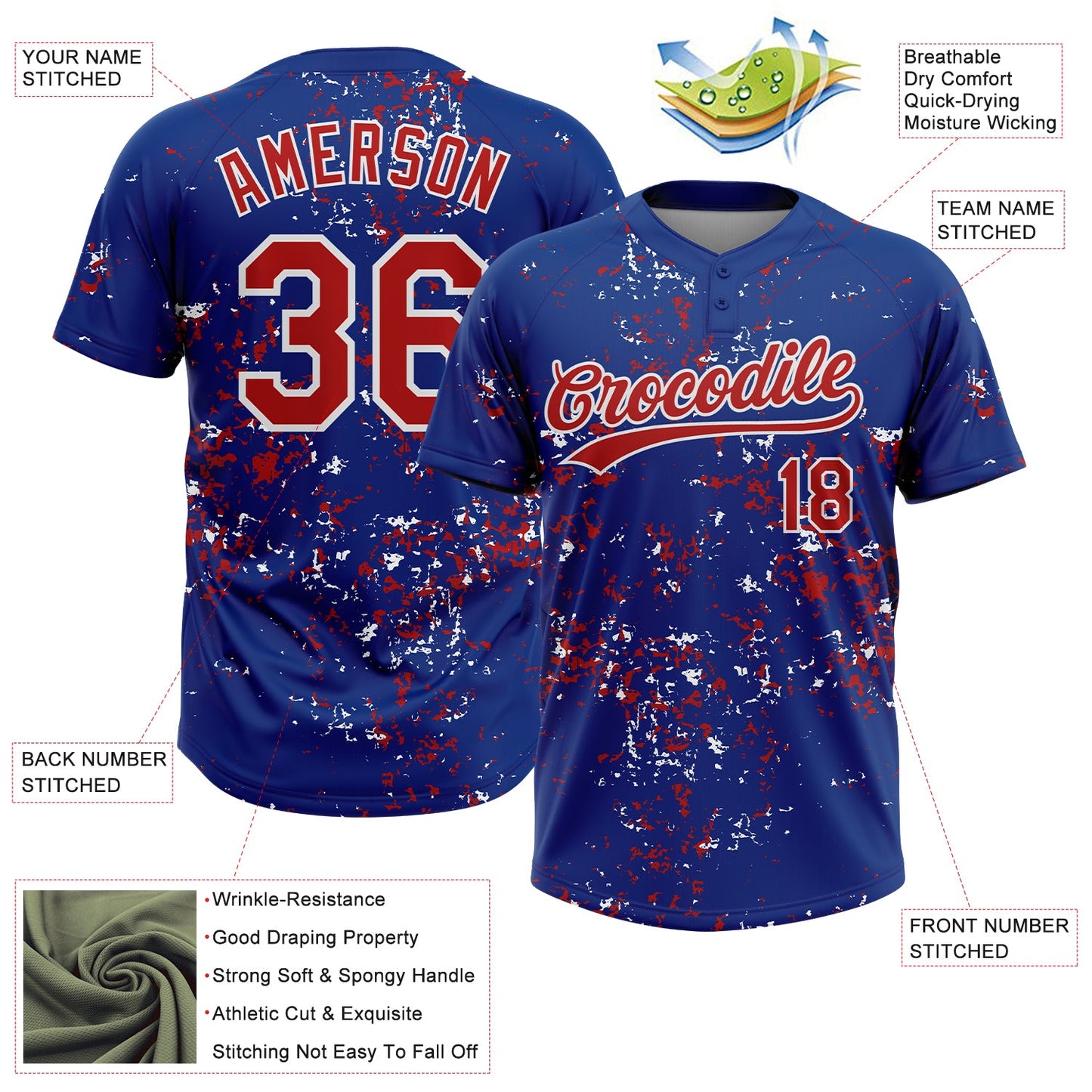 Custom Royal Red-White Abstract Shattered Paint Splatter Two-Button Unisex Softball Jersey view 3