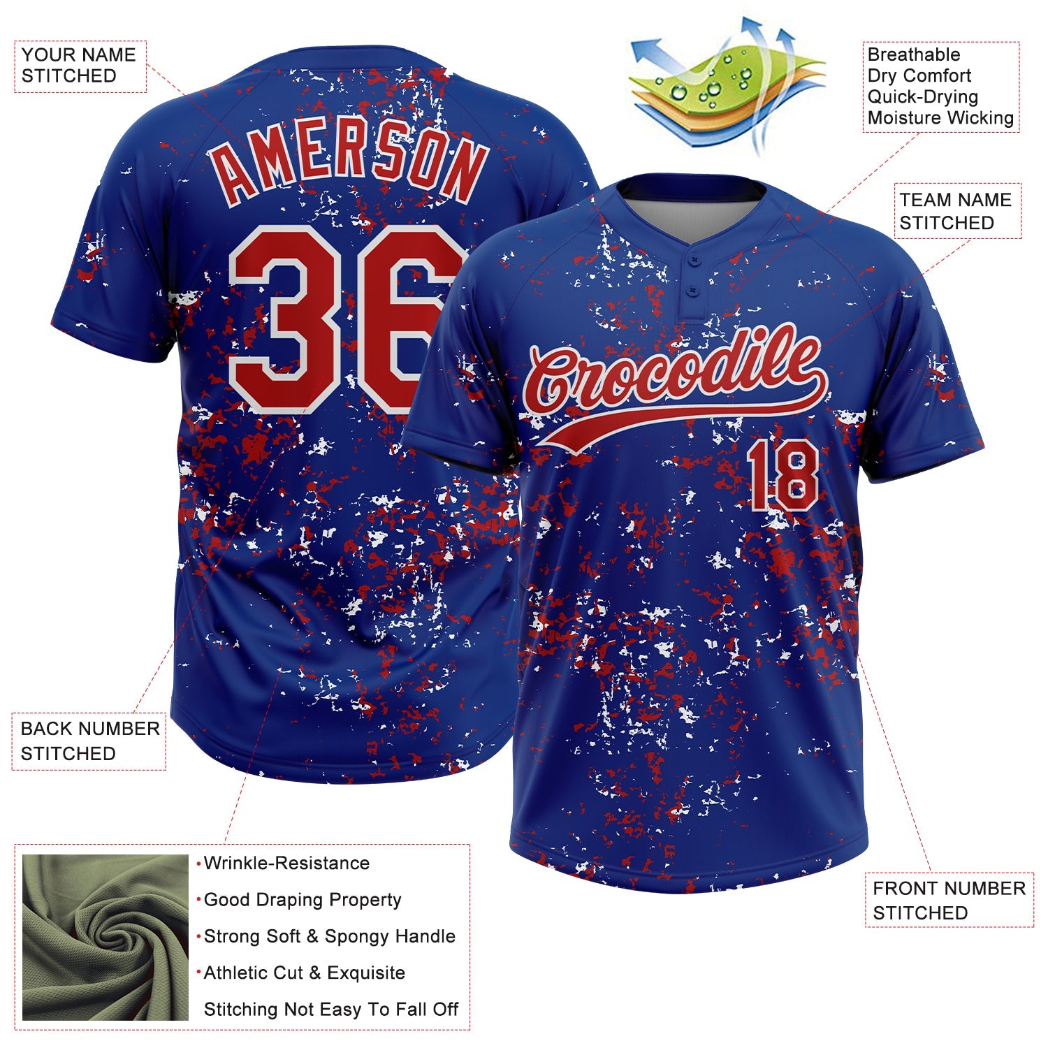Custom Royal Red-White Abstract Shattered Paint Splatter Two-Button Unisex Softball Jersey view 3
