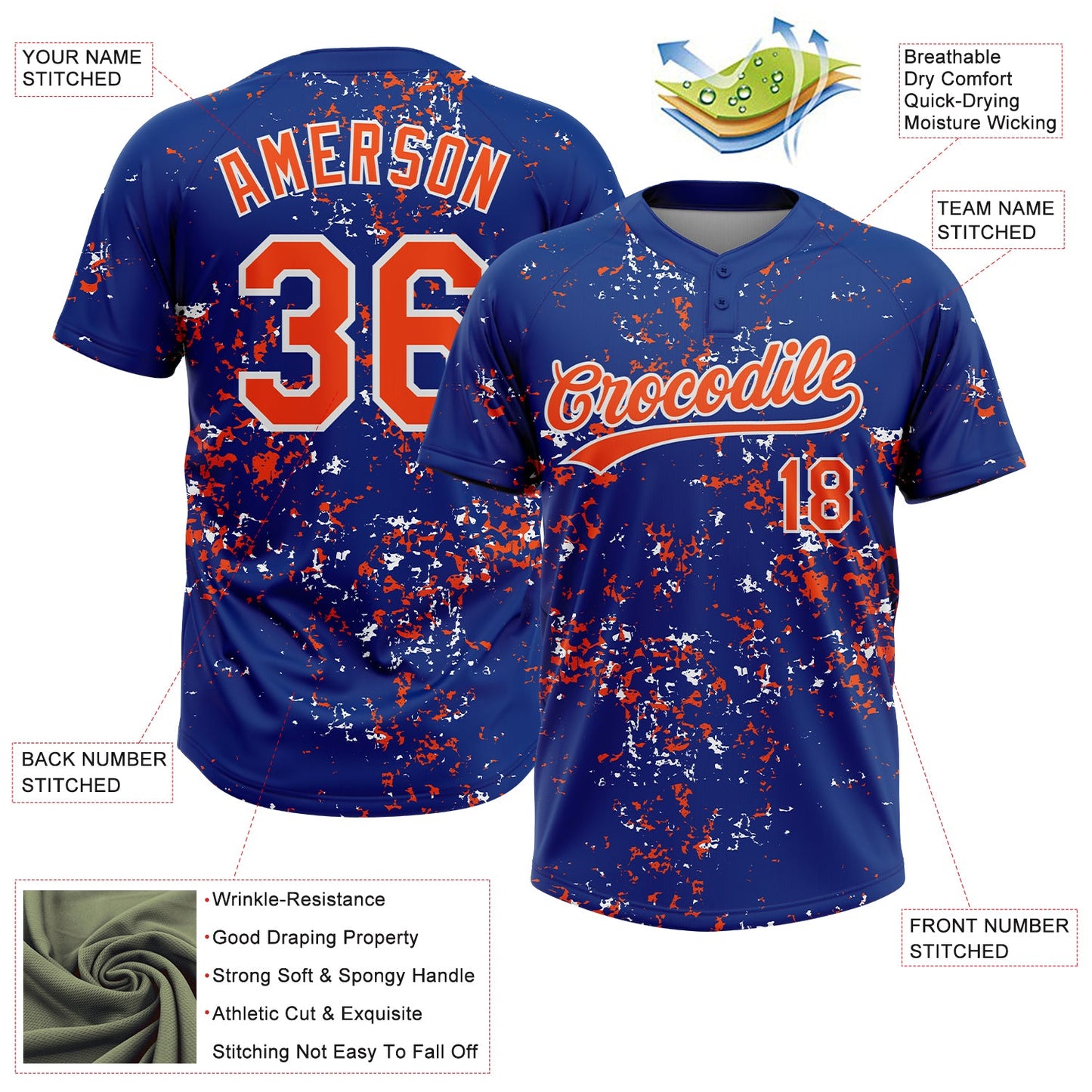 Custom Royal Orange-White Abstract Shattered Paint Splatter Two-Button Unisex Softball Jersey view 3