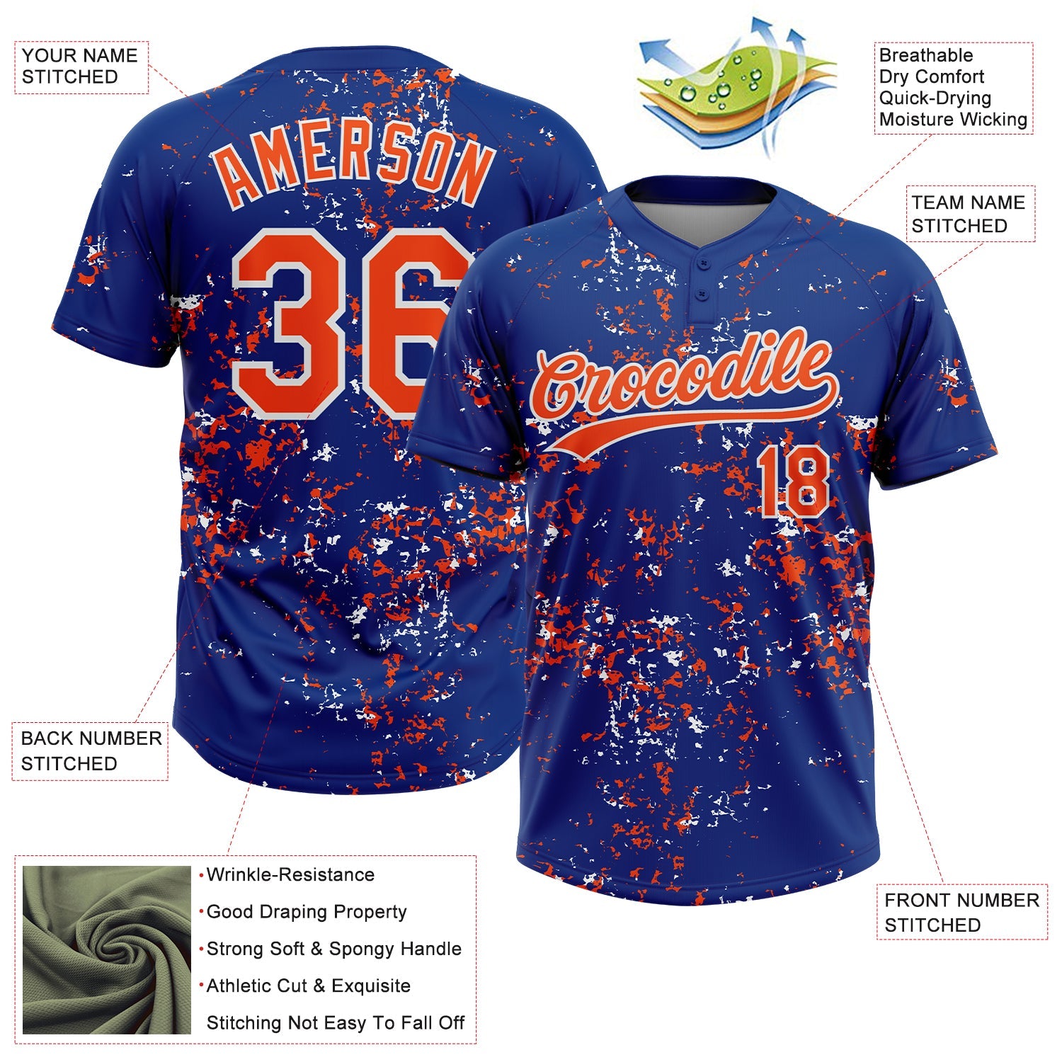 Custom Royal Orange-White Abstract Shattered Paint Splatter Two-Button Unisex Softball Jersey view 3