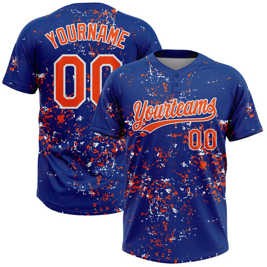 Custom Royal Orange-White Abstract Shattered Paint Splatter Two-Button Unisex Softball Jersey - Main View