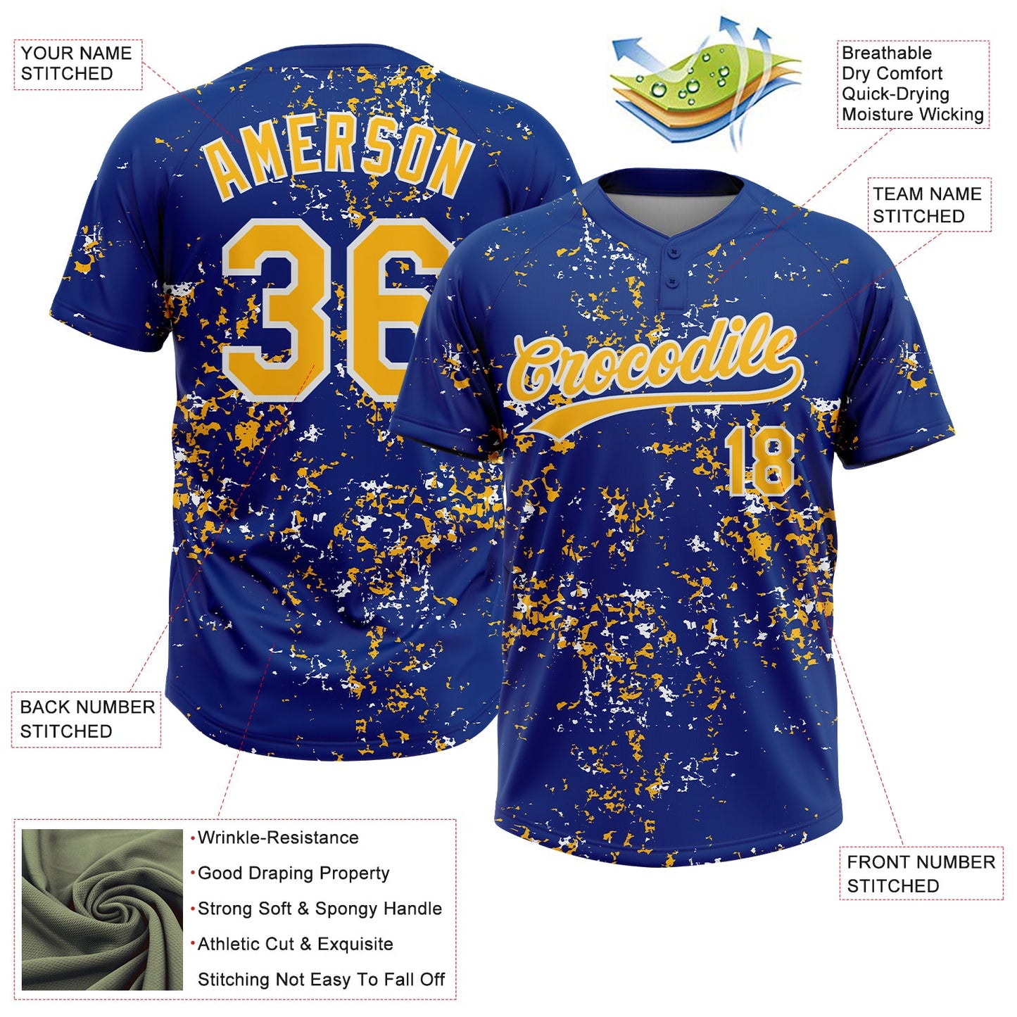 Custom Royal Gold-White Abstract Shattered Paint Splatter Two-Button Unisex Softball Jersey view 3