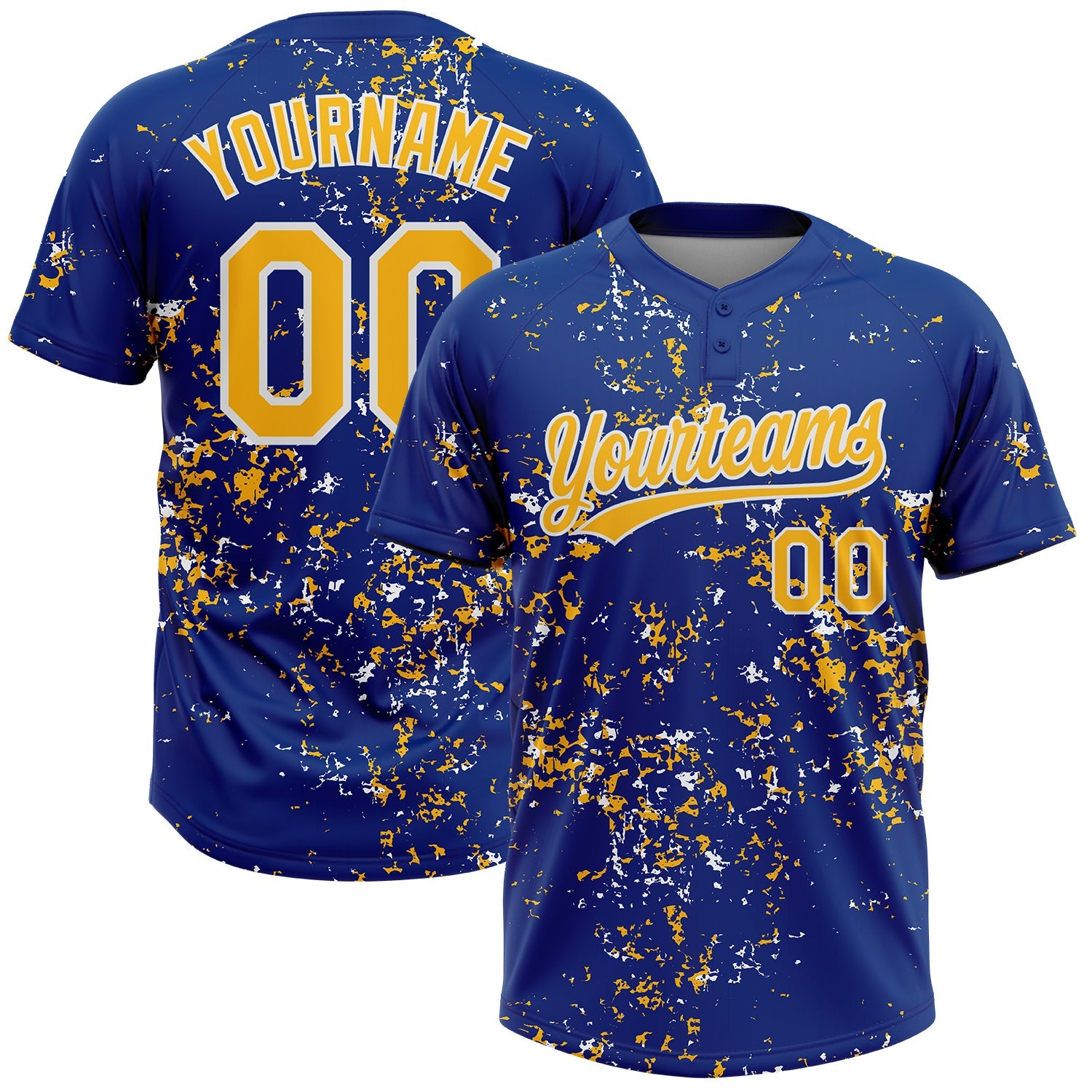 Custom Royal Gold-White Abstract Shattered Paint Splatter Two-Button Unisex Softball Jersey - Main View