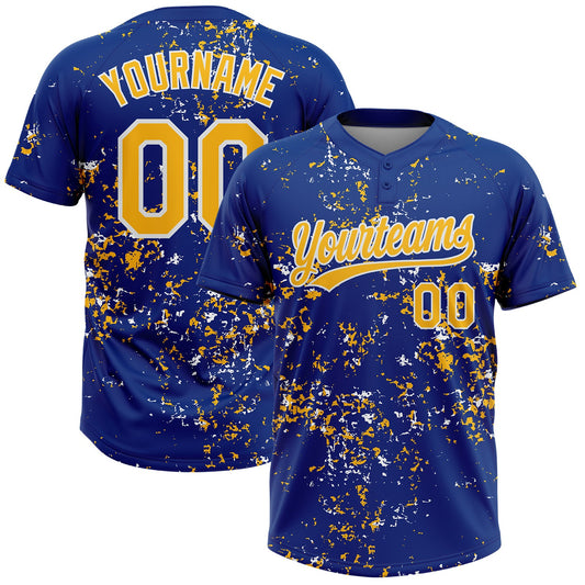 Custom Royal Gold-White Abstract Shattered Paint Splatter Two-Button Unisex Softball Jersey - Main View