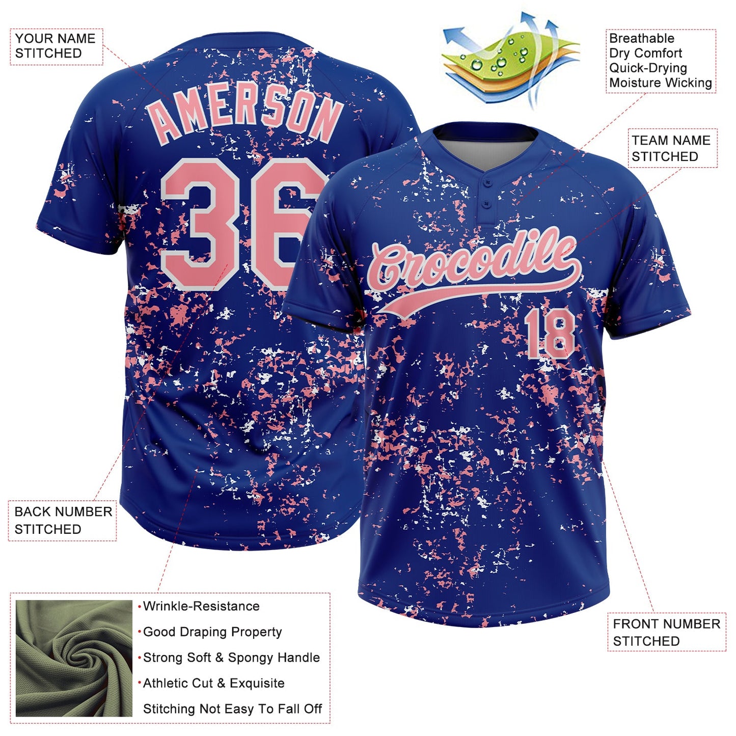 Custom Royal Medium Pink-White Abstract Shattered Paint Splatter Two-Button Unisex Softball Jersey view 3