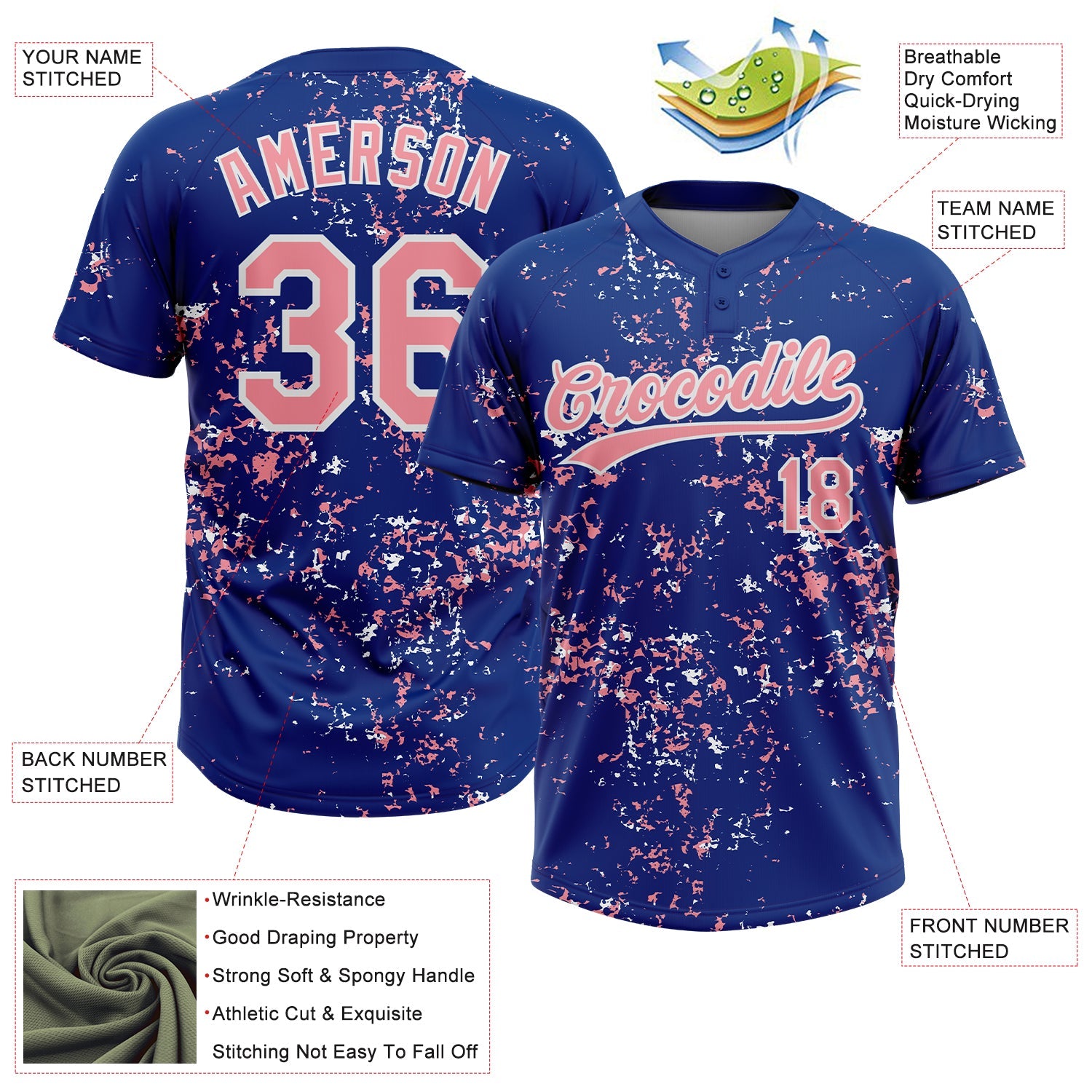 Custom Royal Medium Pink-White Abstract Shattered Paint Splatter Two-Button Unisex Softball Jersey view 3