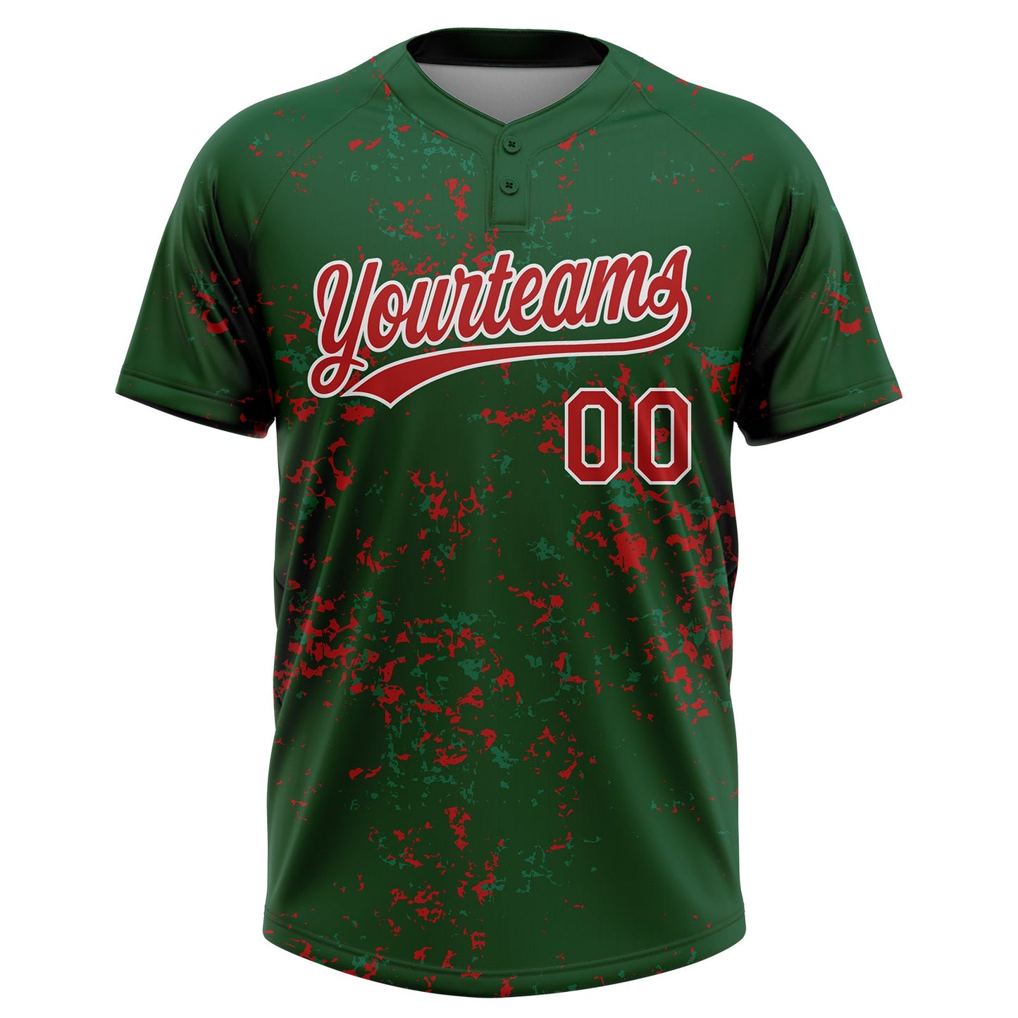 Custom Green Red Kelly Green-White Abstract Shattered Paint Splatter Two-Button Unisex Softball Jersey view 2