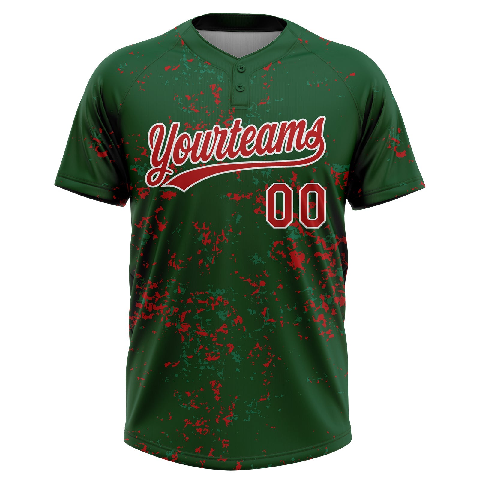 Custom Green Red Kelly Green-White Abstract Shattered Paint Splatter Two-Button Unisex Softball Jersey view 2