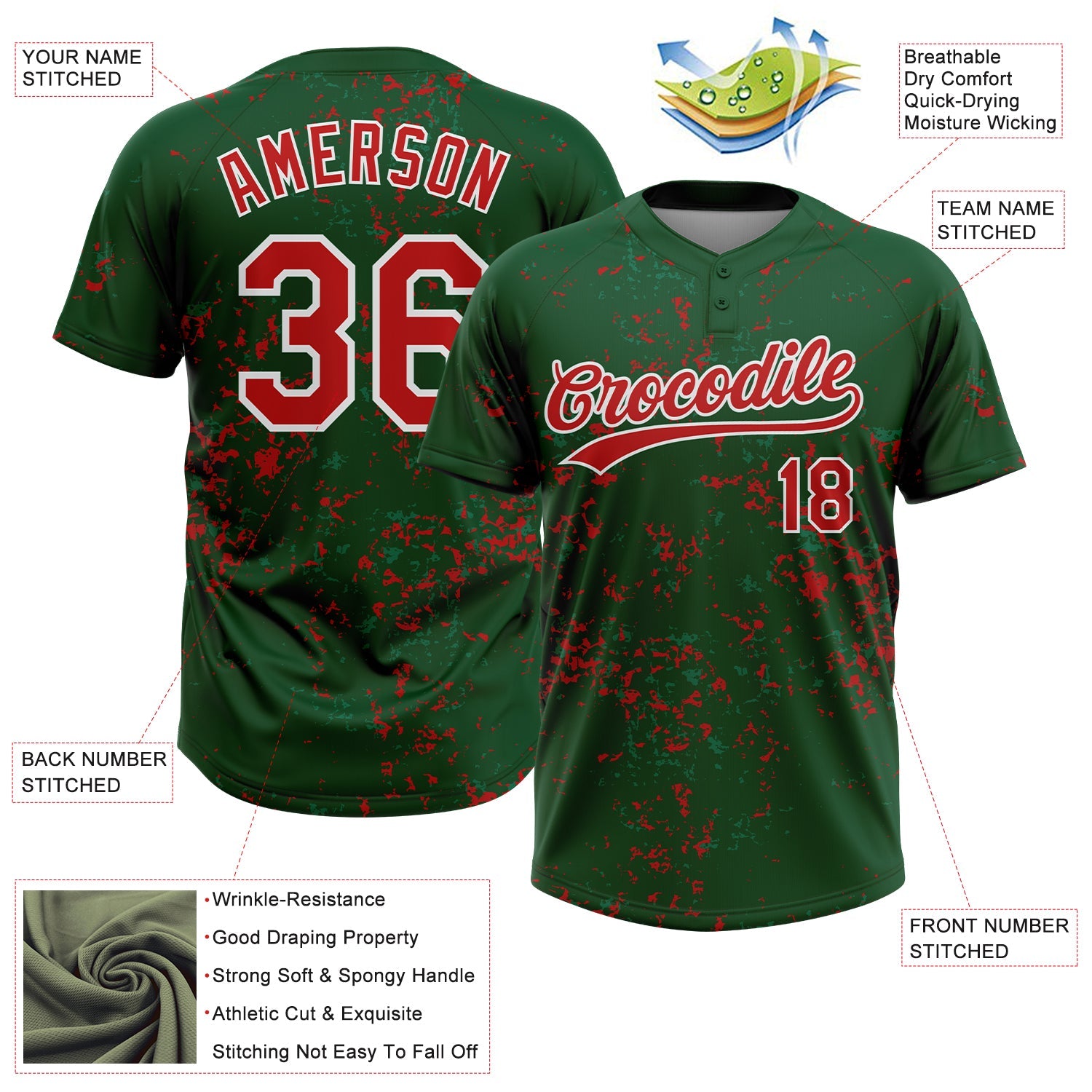 Custom Green Red Kelly Green-White Abstract Shattered Paint Splatter Two-Button Unisex Softball Jersey view 3