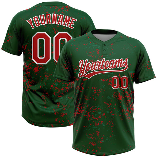Custom Green Red Kelly Green-White Abstract Shattered Paint Splatter Two-Button Unisex Softball Jersey - Main View