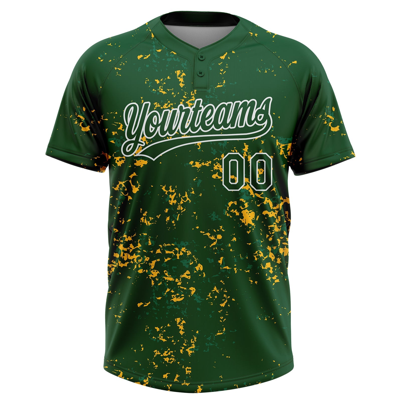 Custom Green Kelly Green Gold-White Abstract Shattered Paint Splatter Two-Button Unisex Softball Jersey view 2