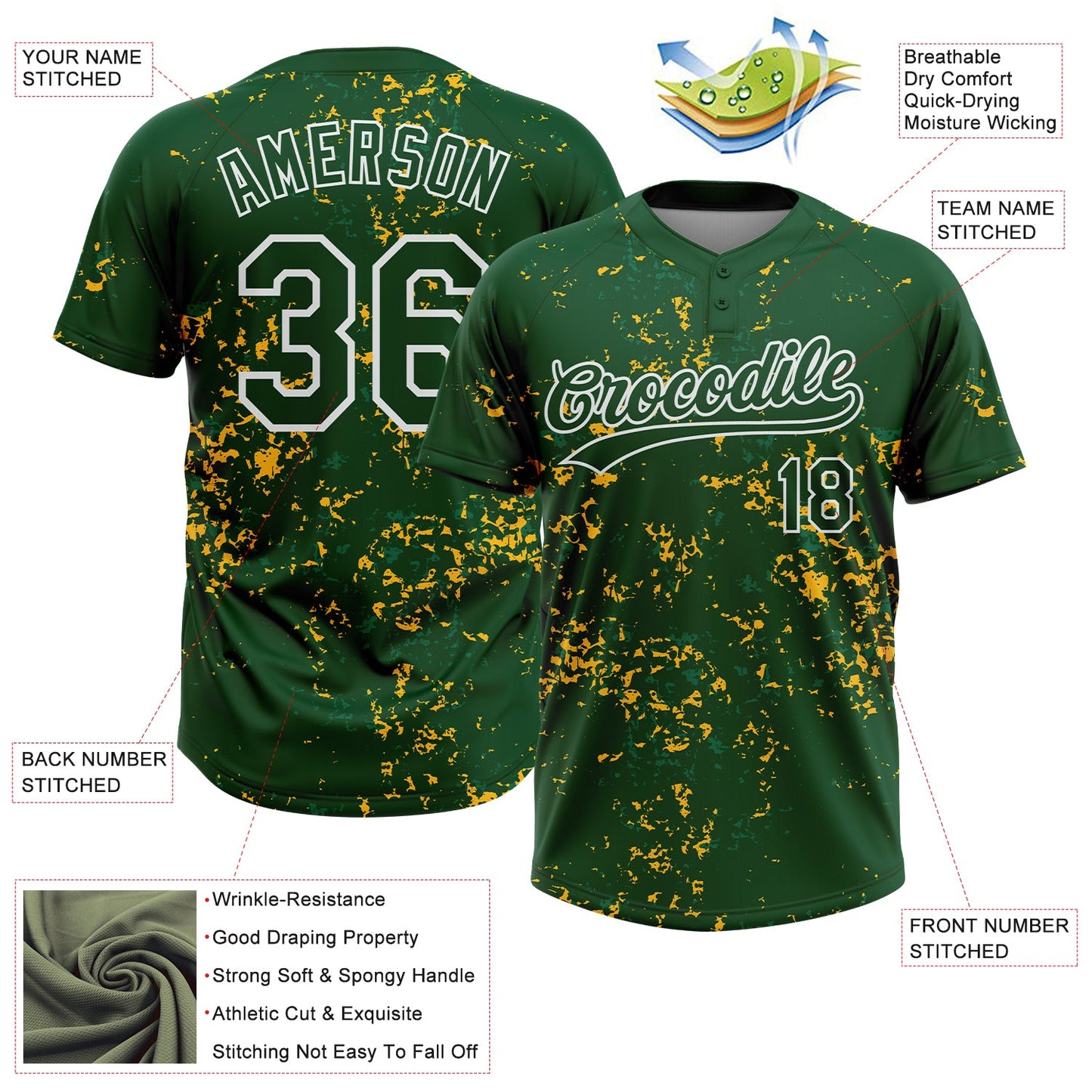Custom Green Kelly Green Gold-White Abstract Shattered Paint Splatter Two-Button Unisex Softball Jersey view 3