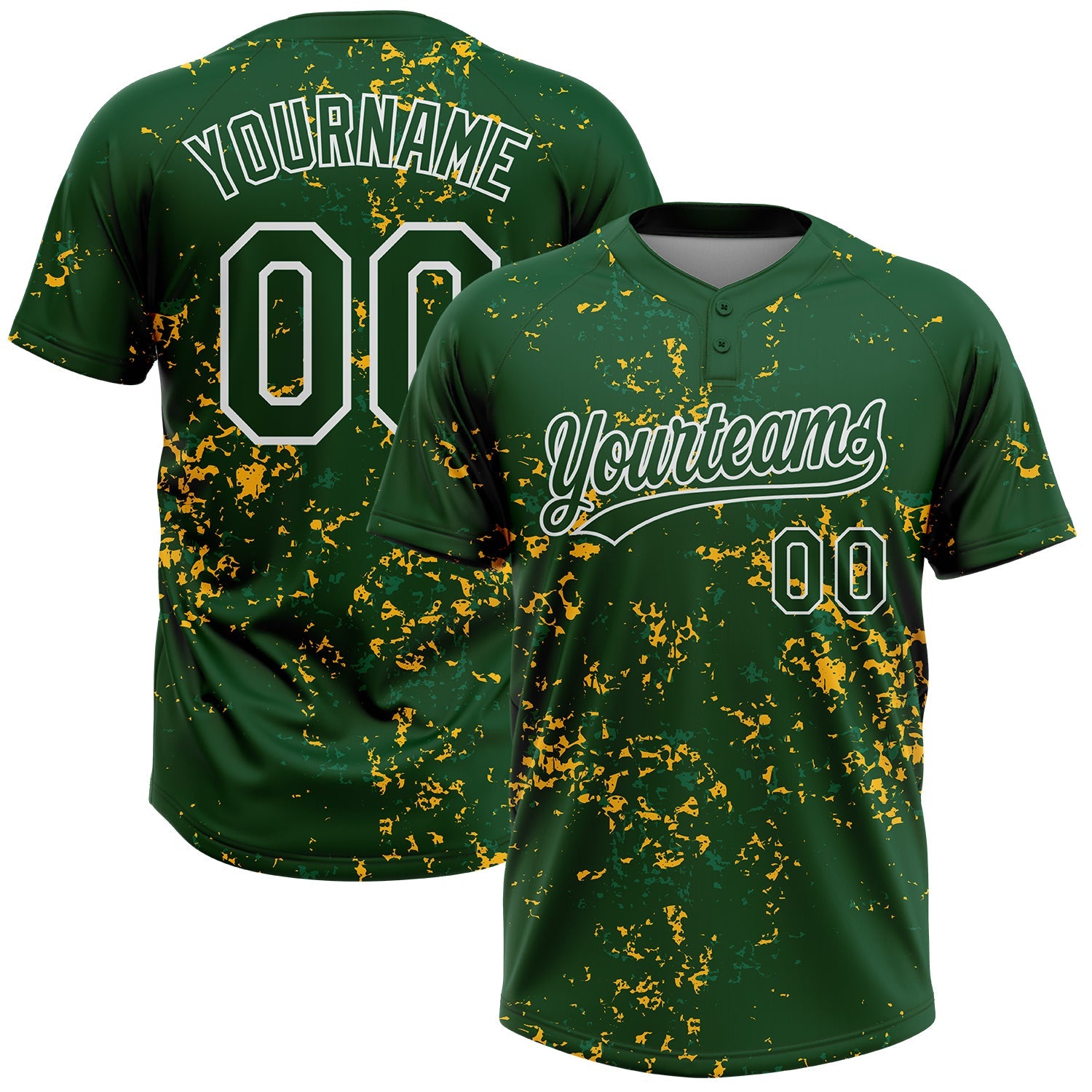 Custom Green Kelly Green Gold-White Abstract Shattered Paint Splatter Two-Button Unisex Softball Jersey - Main View