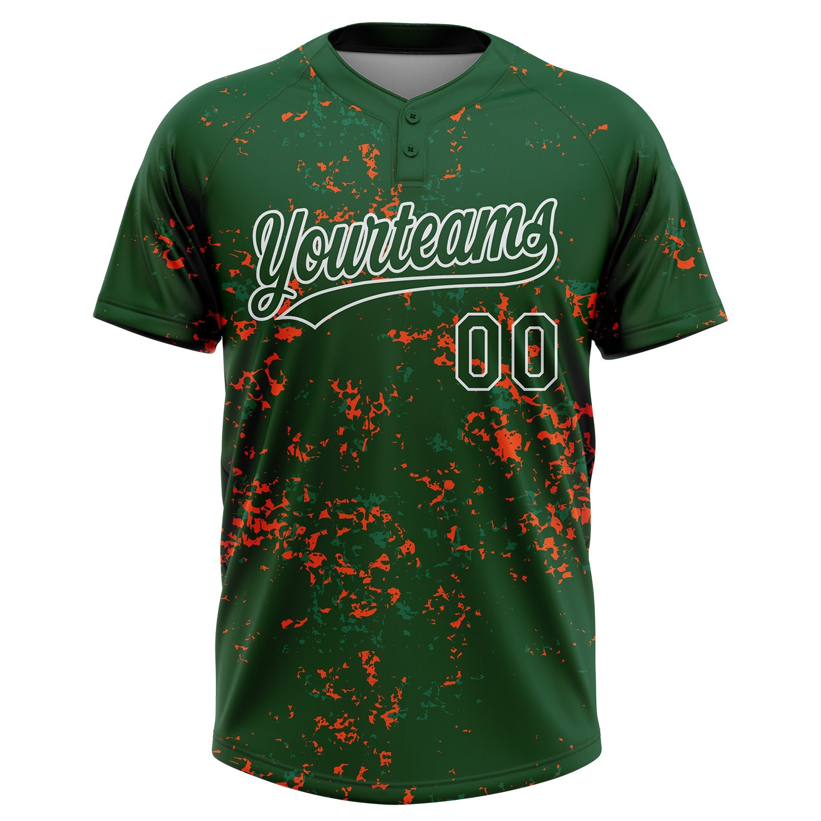 Custom Green Kelly Green Orange-White Abstract Shattered Paint Splatter Two-Button Unisex Softball Jersey view 2