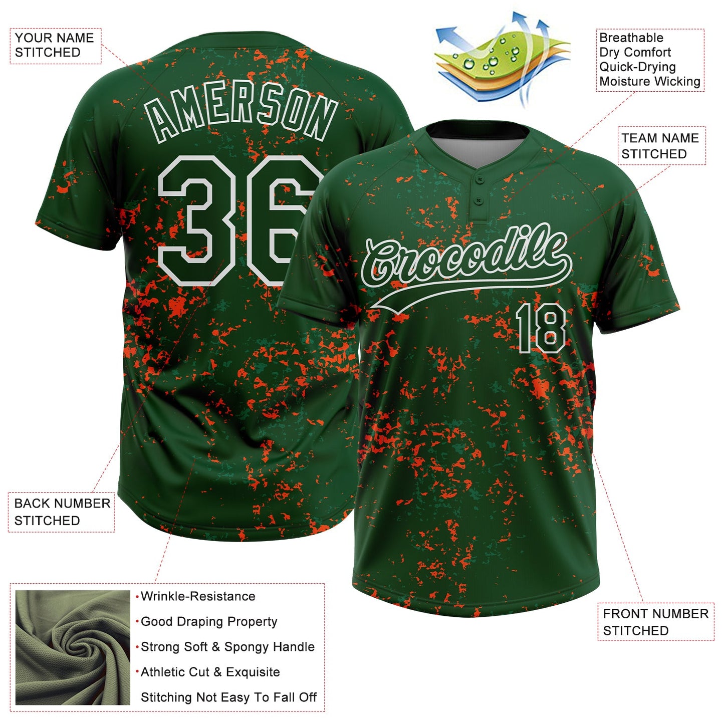 Custom Green Kelly Green Orange-White Abstract Shattered Paint Splatter Two-Button Unisex Softball Jersey view 3