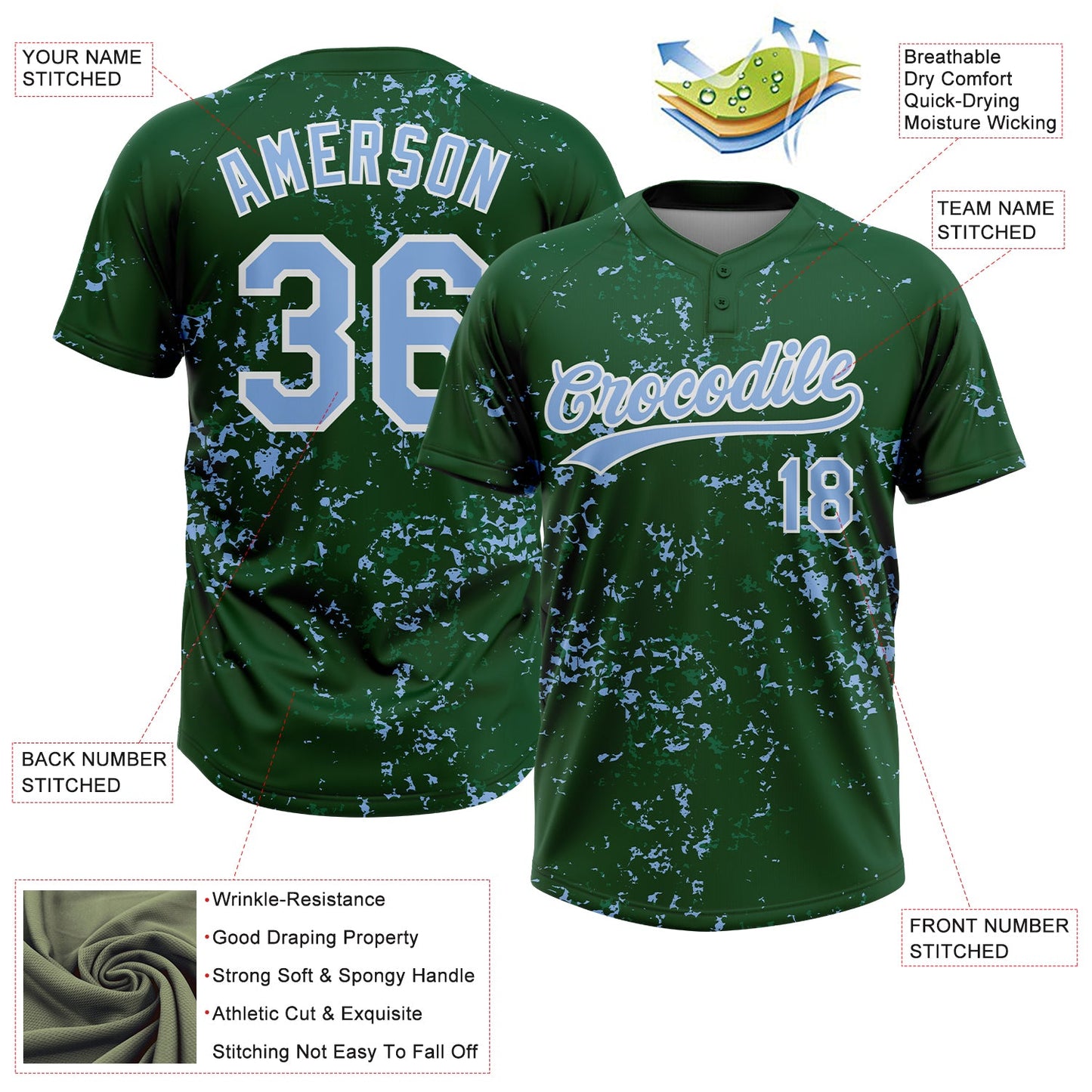 Custom Green Light Blue Kelly Green-White Abstract Shattered Paint Splatter Two-Button Unisex Softball Jersey view 3