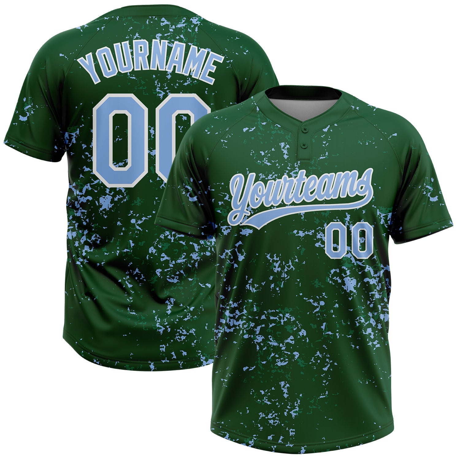 Custom Green Light Blue Kelly Green-White Abstract Shattered Paint Splatter Two-Button Unisex Softball Jersey - Main View