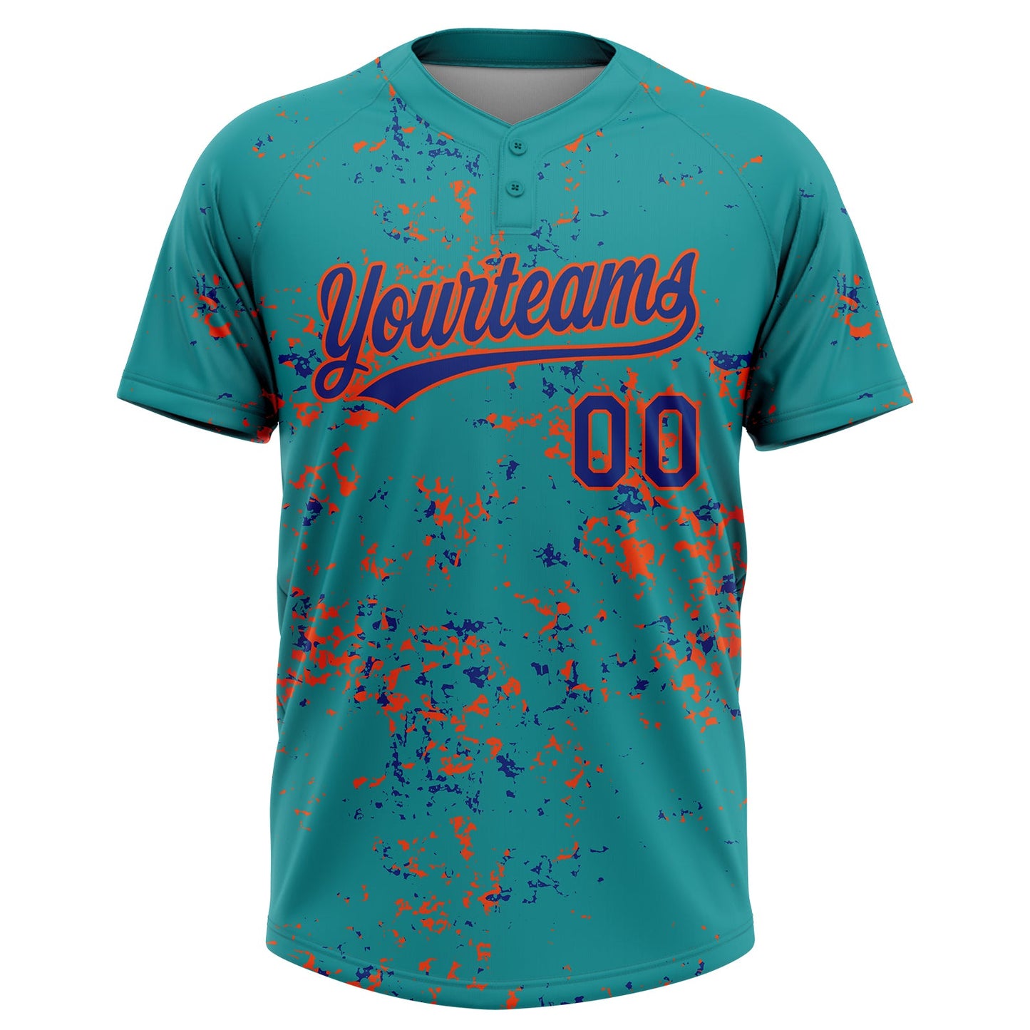 Custom Teal Royal-Orange Abstract Shattered Paint Splatter Two-Button Unisex Softball Jersey view 2