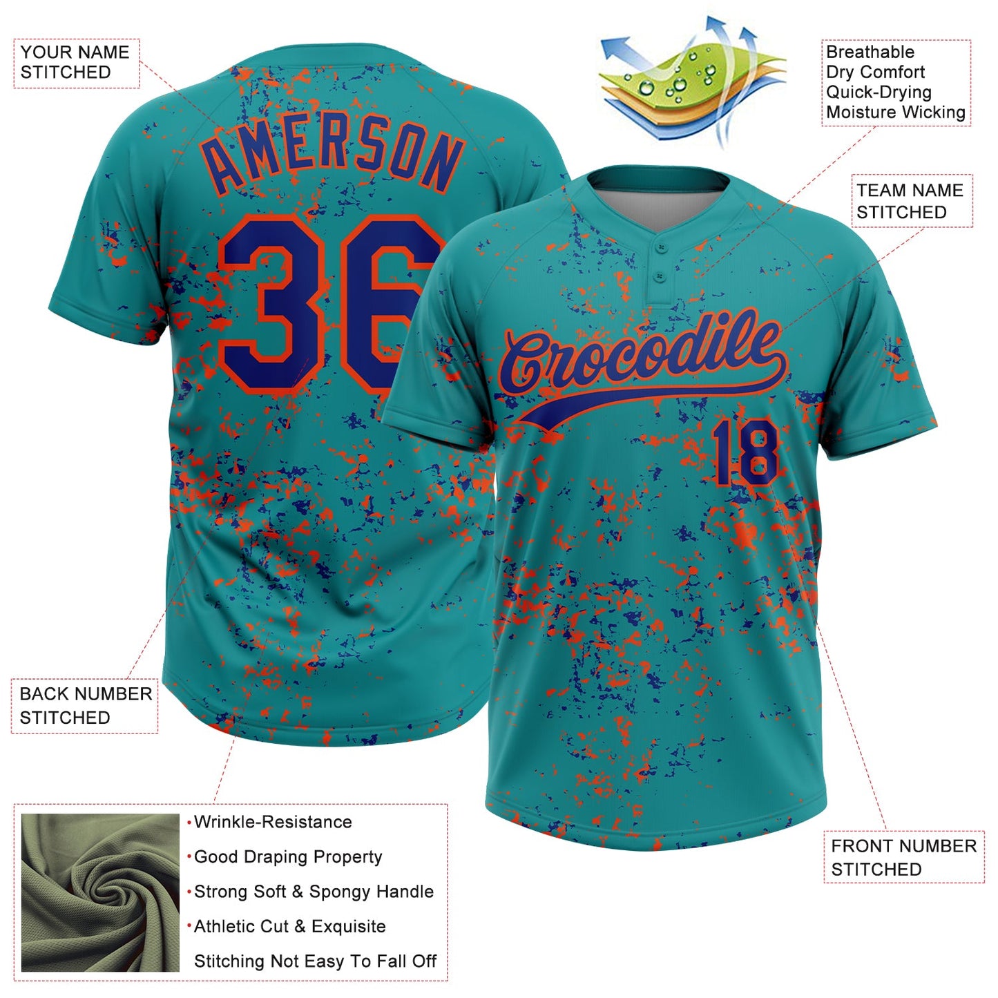 Custom Teal Royal-Orange Abstract Shattered Paint Splatter Two-Button Unisex Softball Jersey view 3