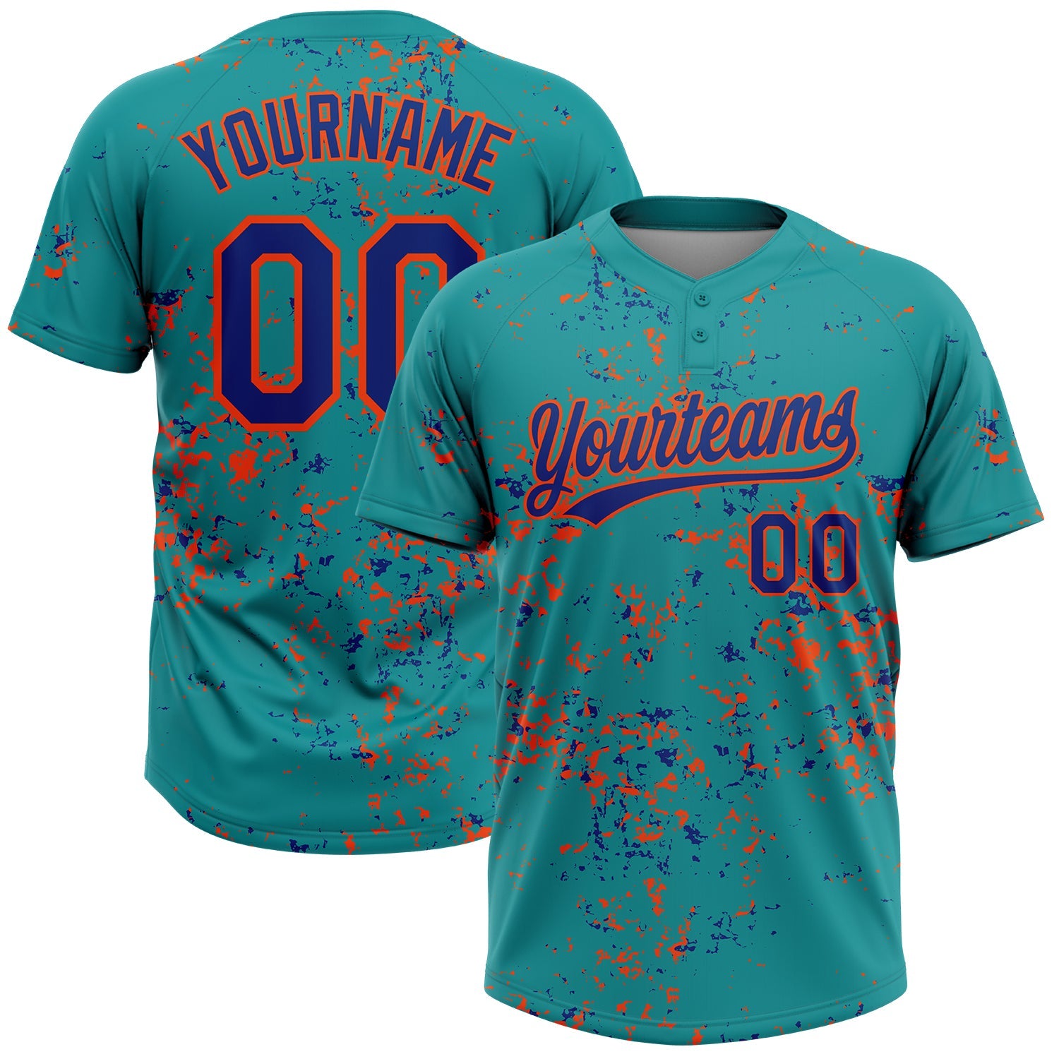 Custom Teal Royal-Orange Abstract Shattered Paint Splatter Two-Button Unisex Softball Jersey - Main View