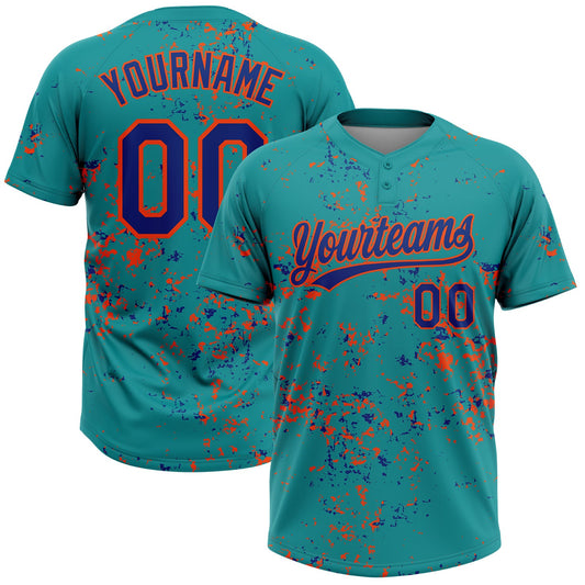 Custom Teal Royal-Orange Abstract Shattered Paint Splatter Two-Button Unisex Softball Jersey - Main View