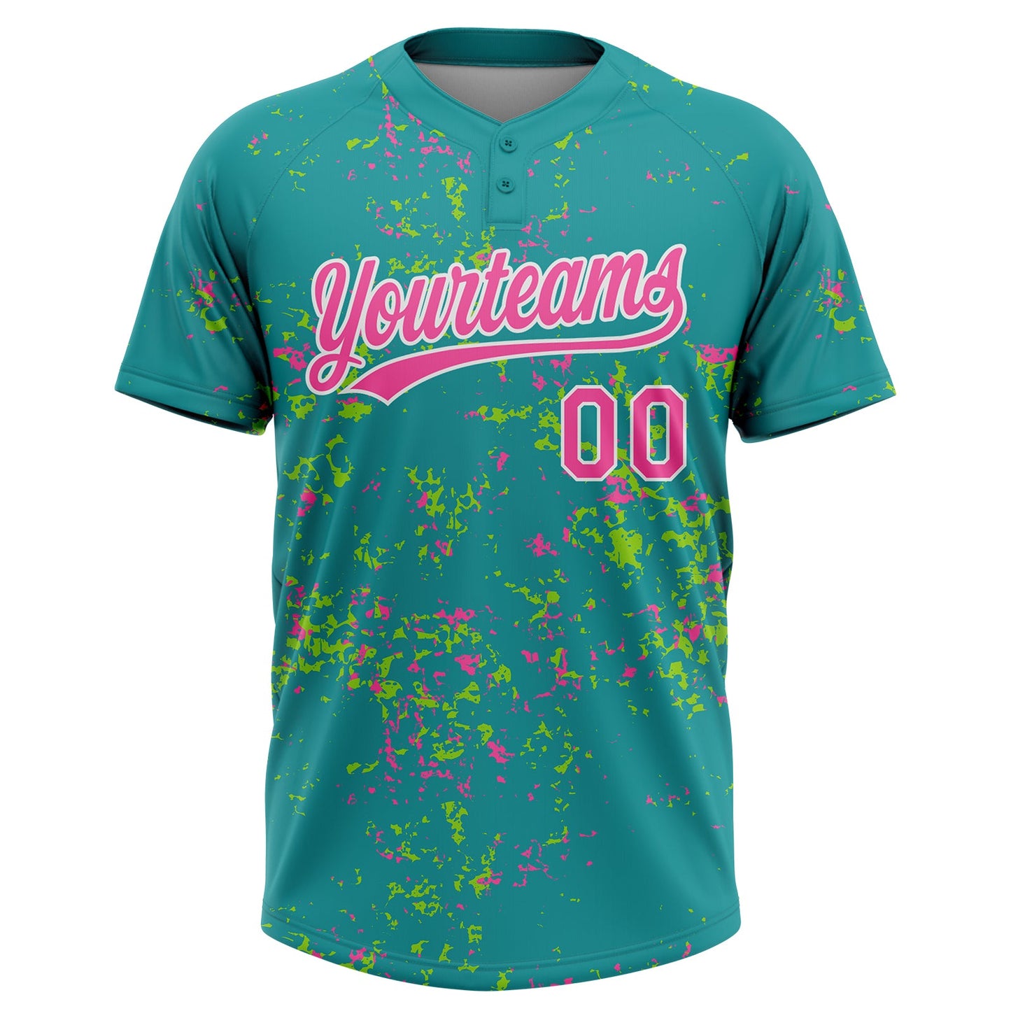 Custom Teal Pink Neon Green-White Abstract Shattered Paint Splatter Two-Button Unisex Softball Jersey view 2